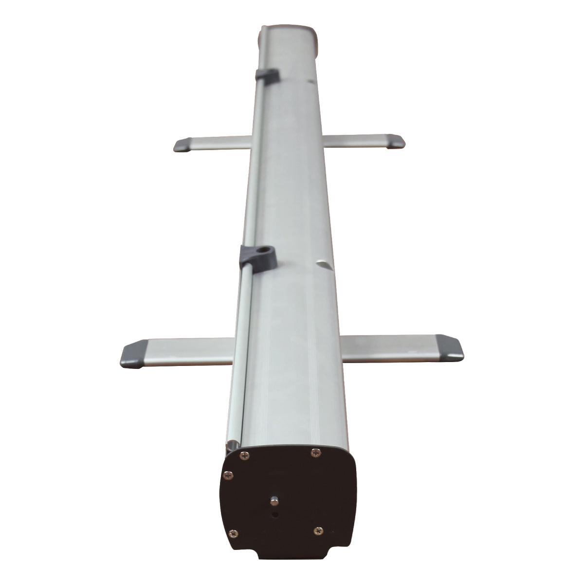 Compact retractable banner stand base with foldable stabilizing feet for trade shows and exhibitions