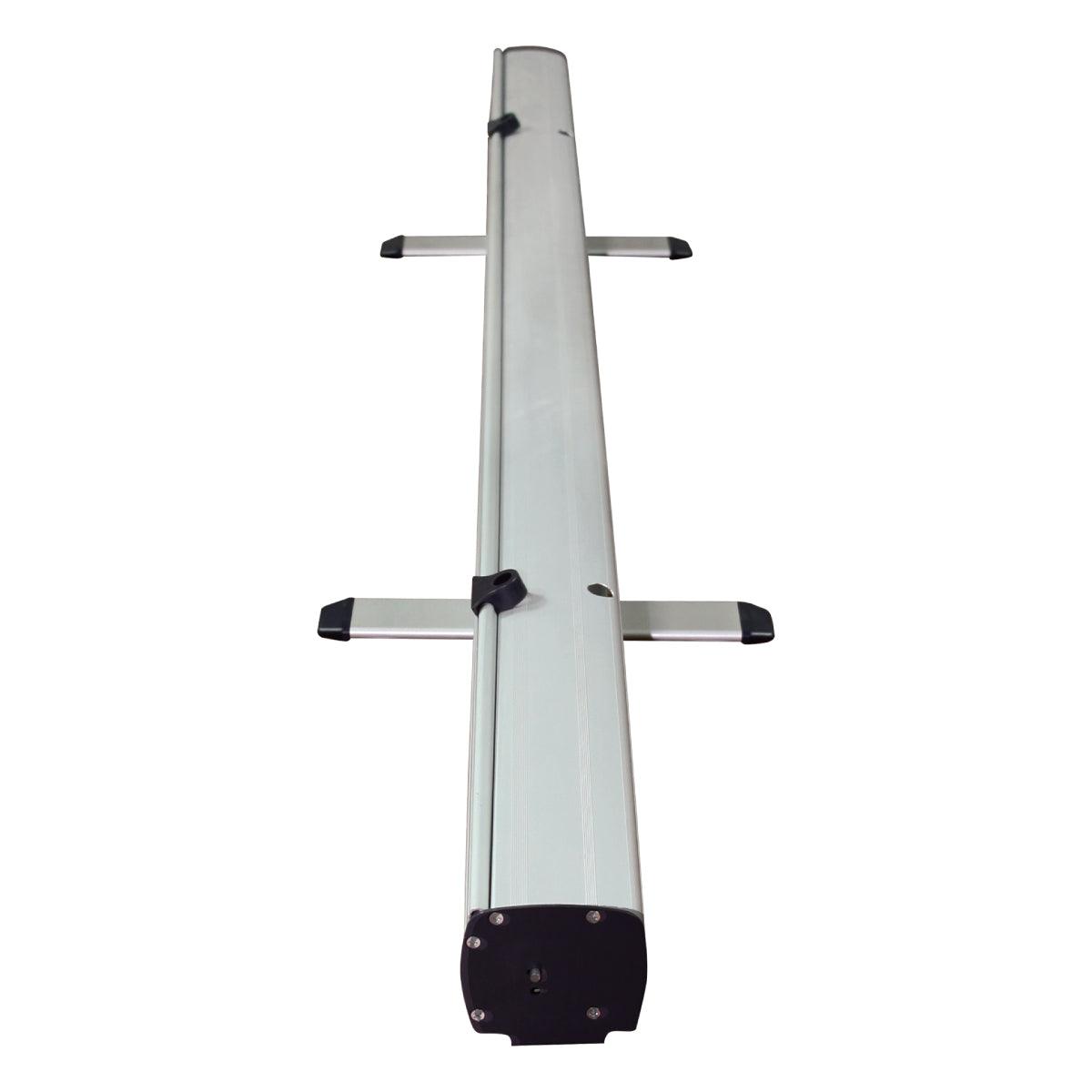 Compact retractable banner stand base with stabilizing feet for trade shows and exhibitions