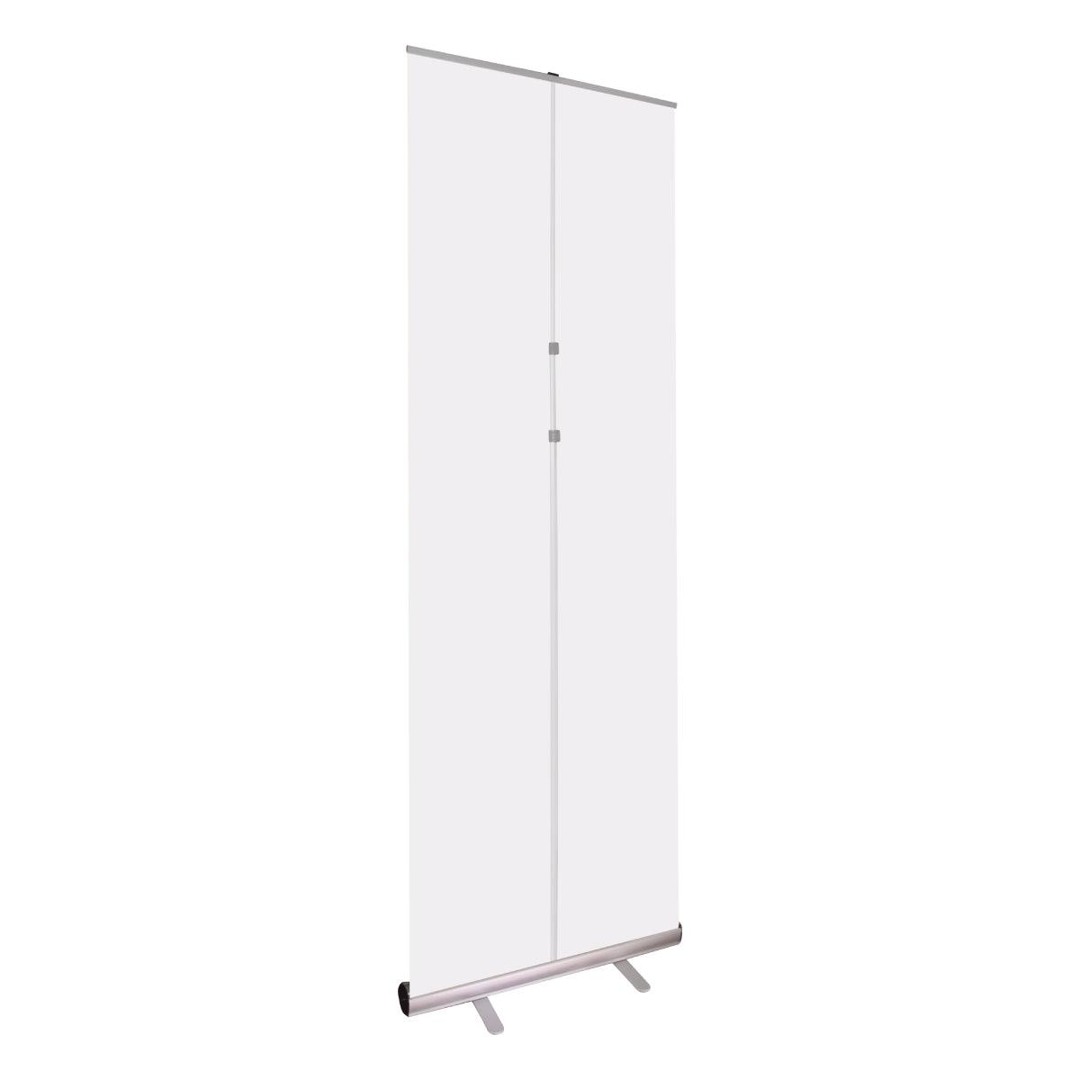 Tall retractable banner stand with blank white display for trade shows and exhibitions
