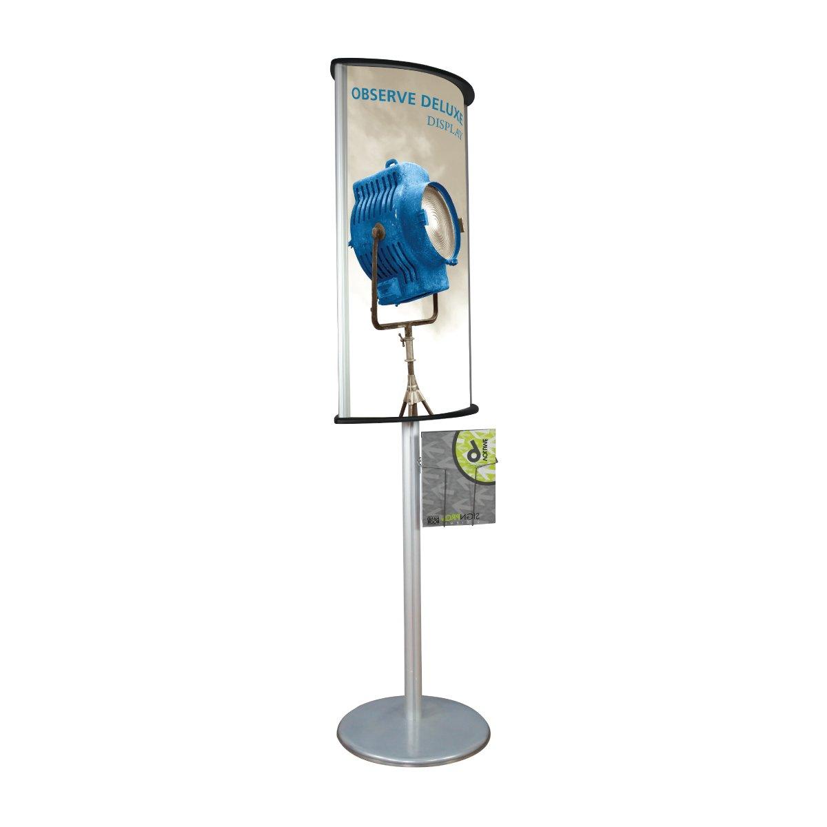 Freestanding sign stand with curved graphic and brochure holder for trade shows and exhibitions