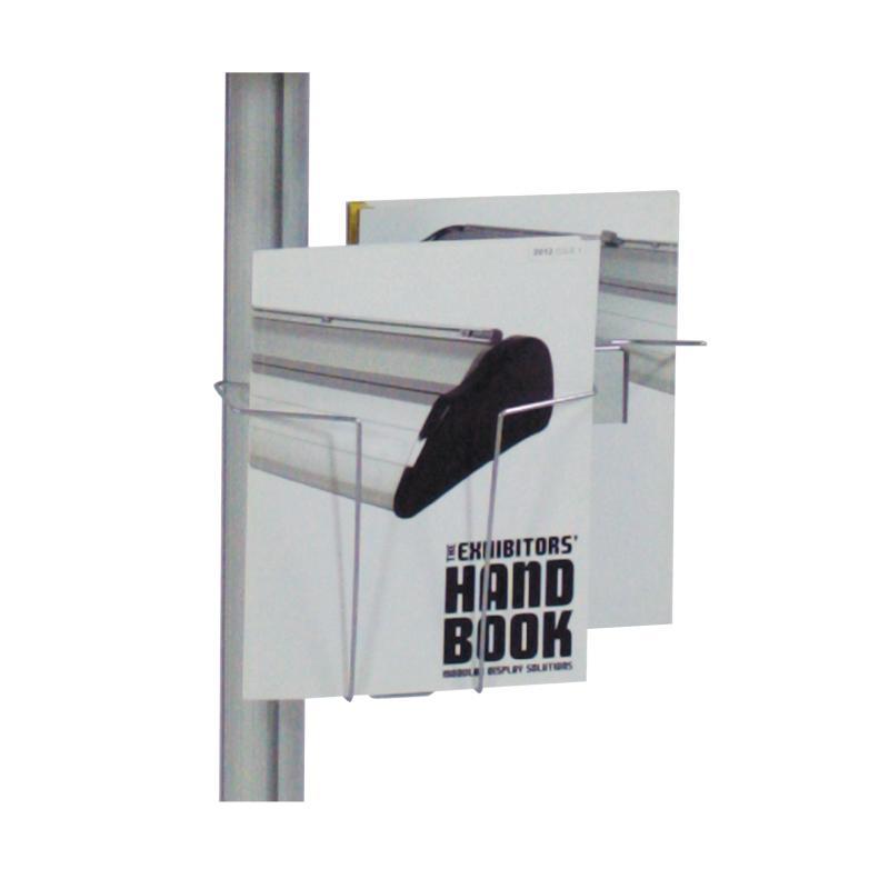 Clear brochure holder attached to vertical pole holding trade show handbooks for event marketing