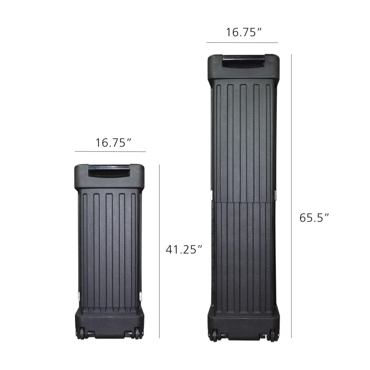 Expandable shipping case with wheels for trade shows and exhibitions, shown in compact and extended sizes