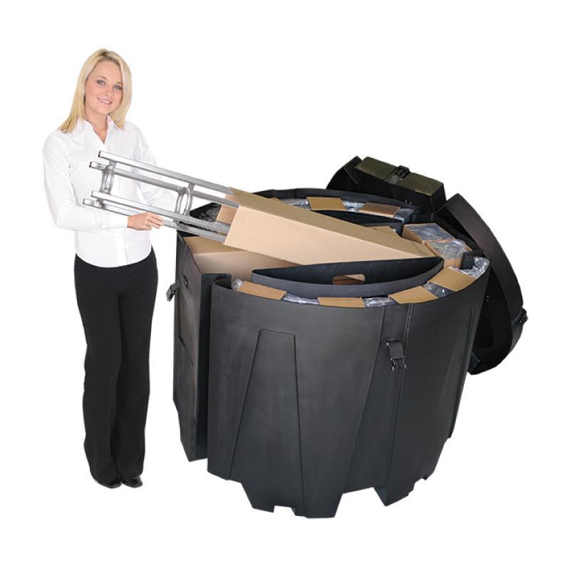 Woman unpacking modular trade show display case with protective foam inserts for exhibitions and events