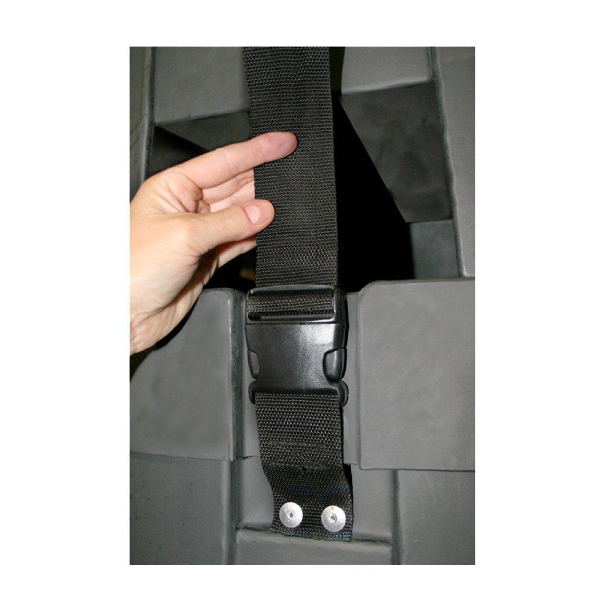 Hand adjusting durable buckle strap on protective case for secure transport at trade shows and exhibitions