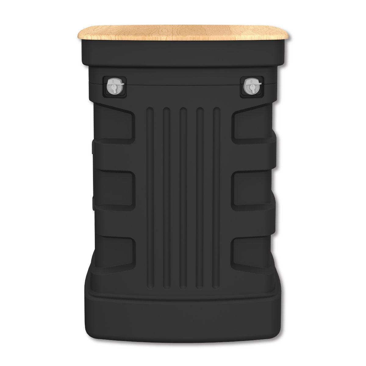 Portable trade show counter with sturdy locking case and flat countertop for exhibitions and events