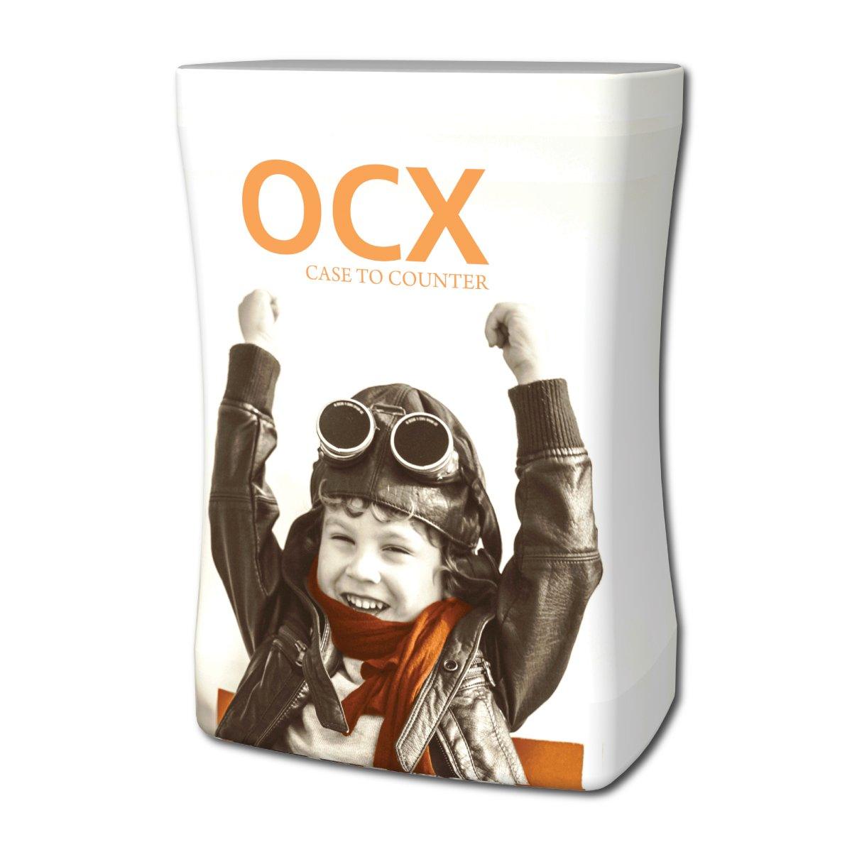 OCX branded case to counter display featuring a joyful child with aviator goggles for trade shows and exhibitions