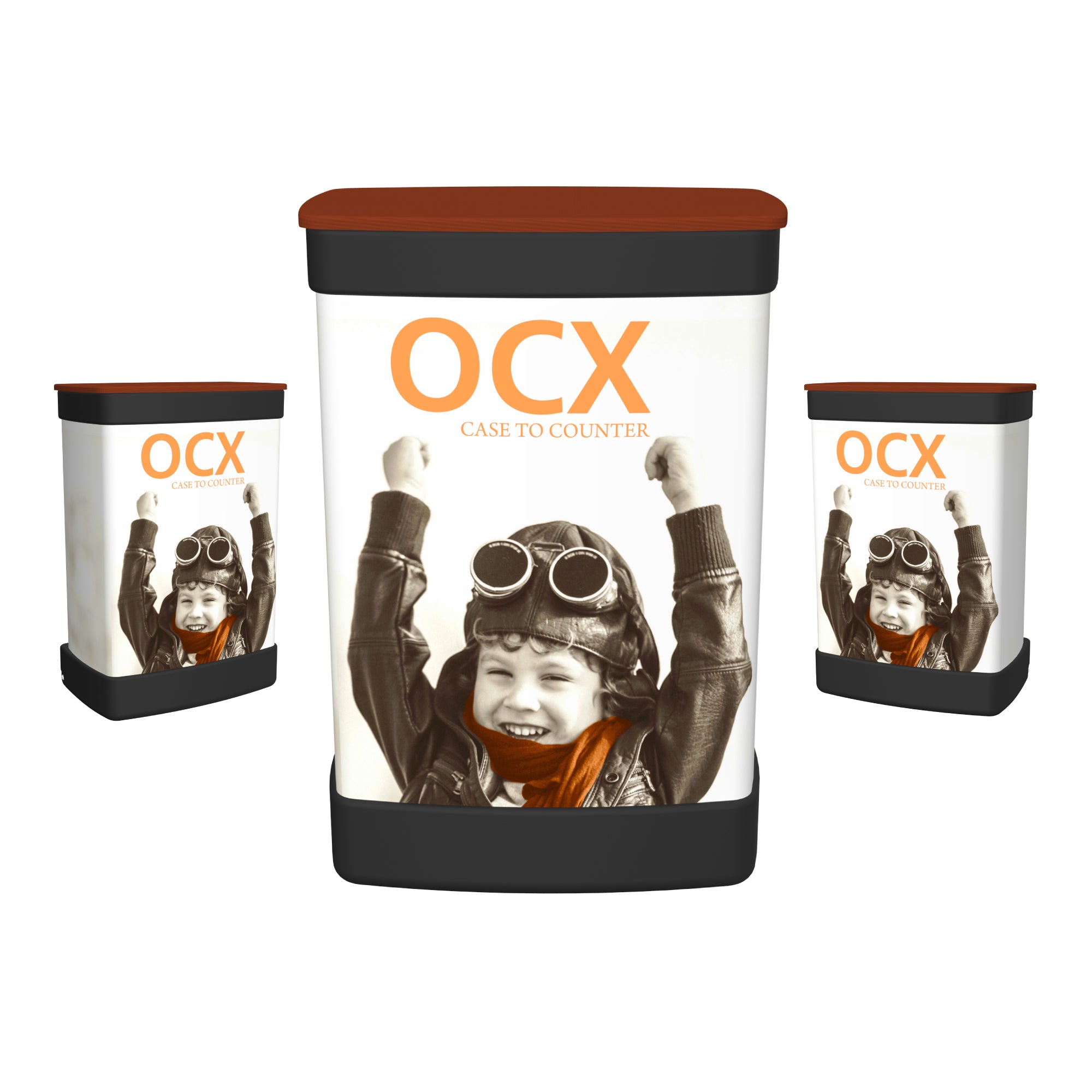OCX case to counter display stands featuring cheerful child pilot image for trade shows and exhibitions