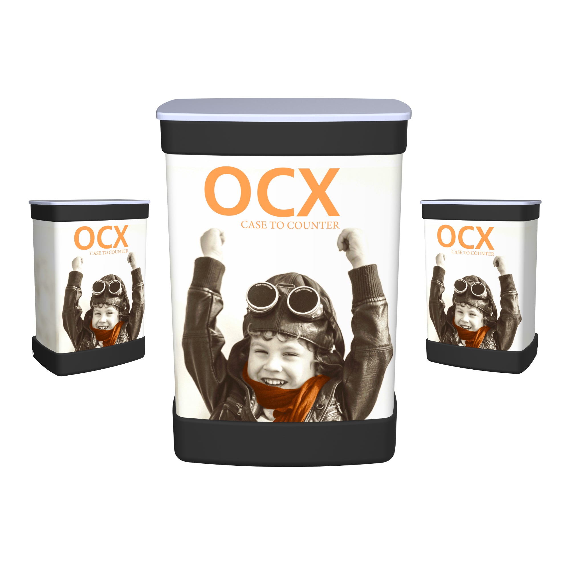 OCX branded portable trade show counters featuring child pilot image for exhibitions and events