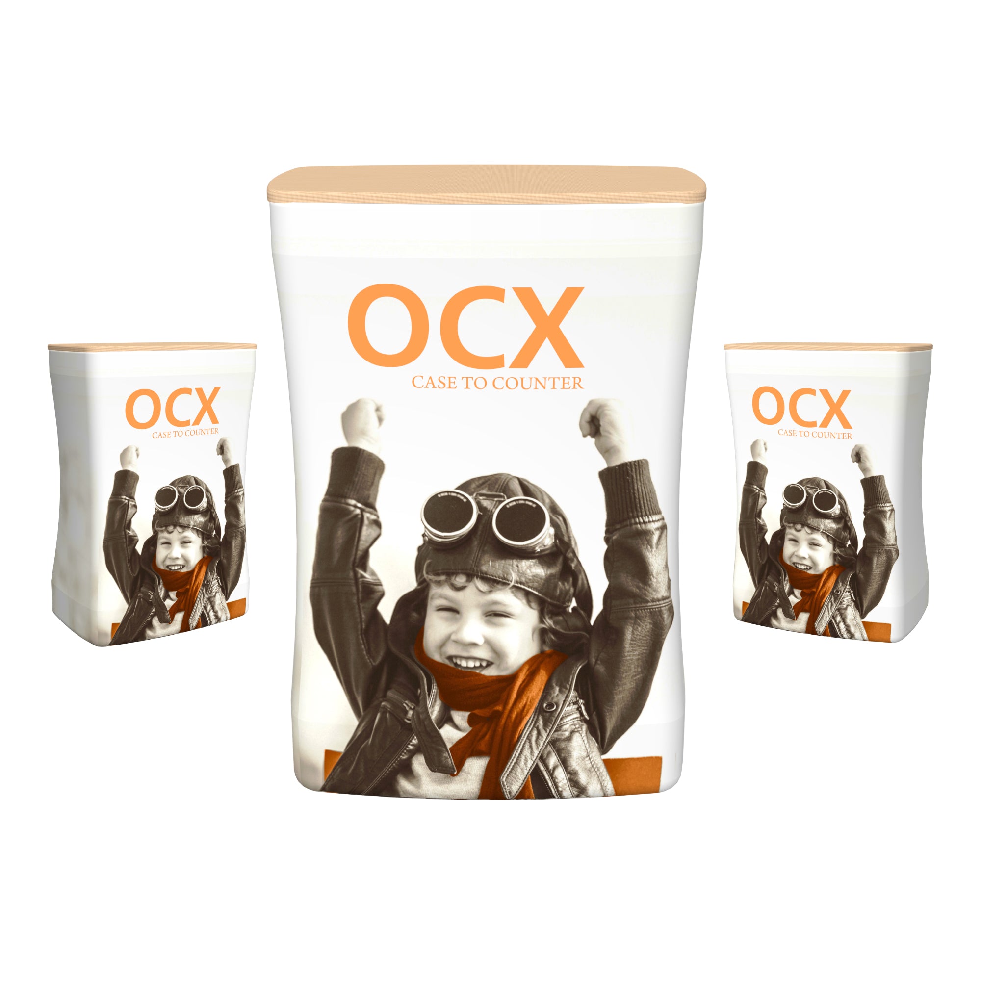 OCX case to counter trade show counters with retro child pilot design for exhibitions and events
