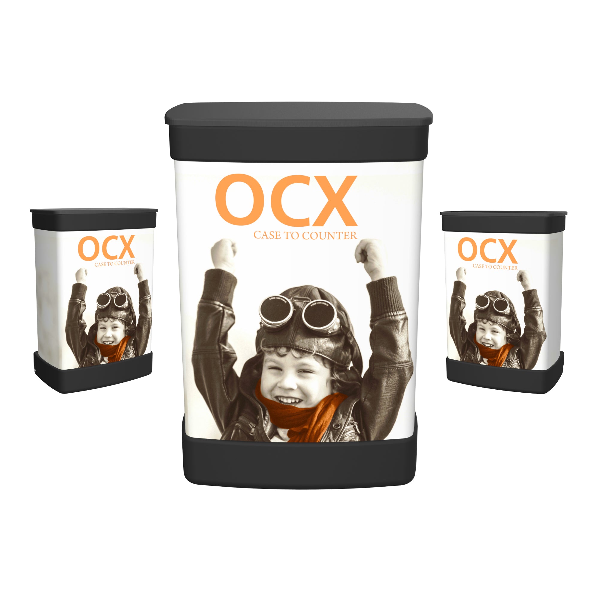 OCX branded case to counter display units featuring a child in aviator goggles design for trade shows and exhibitions