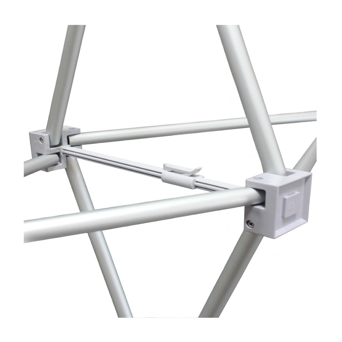 Close-up of metal frame joints for 10ft pop-up fabric display used at trade shows and exhibitions