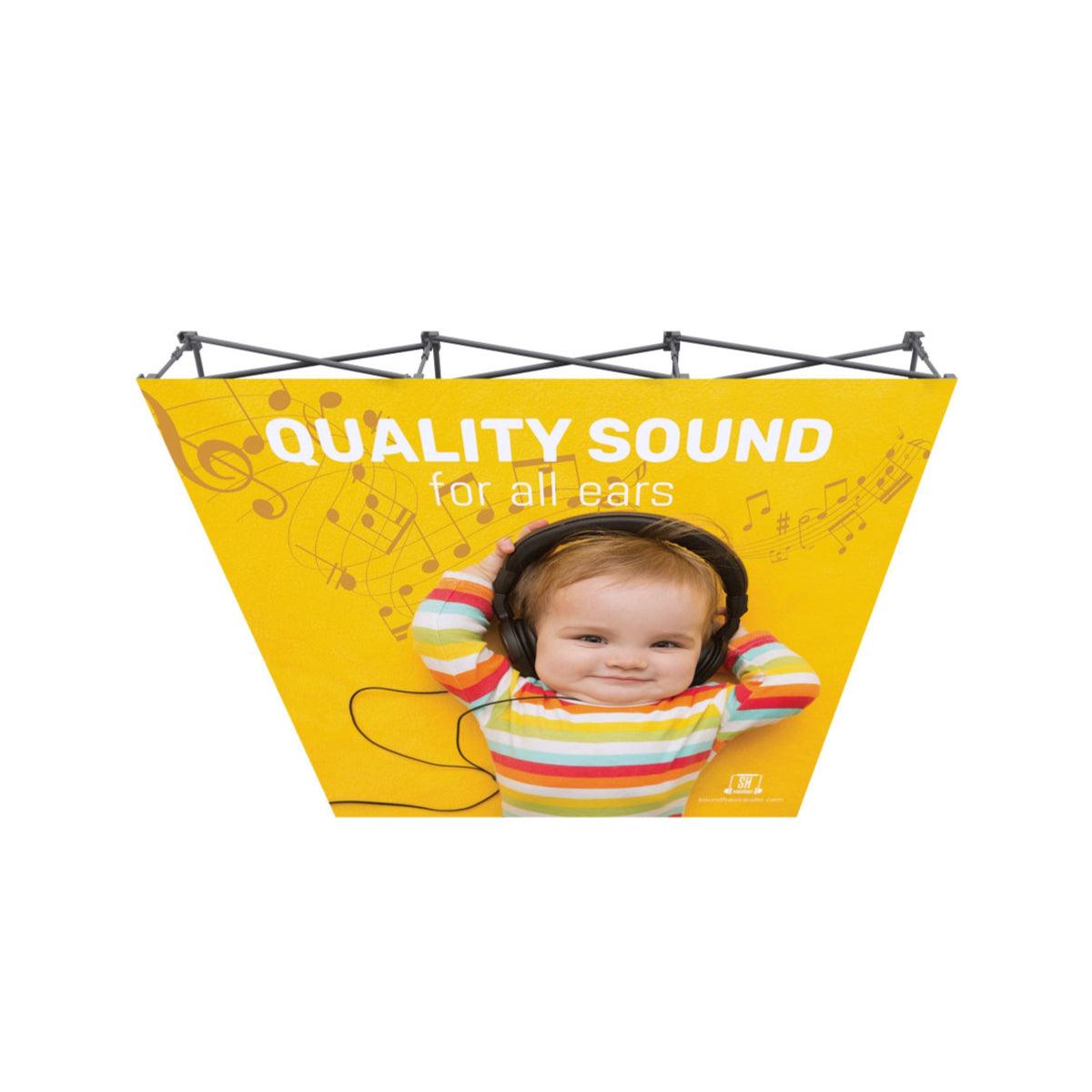 8ft pop-up fabric display with baby wearing headphones, promoting quality sound at trade shows