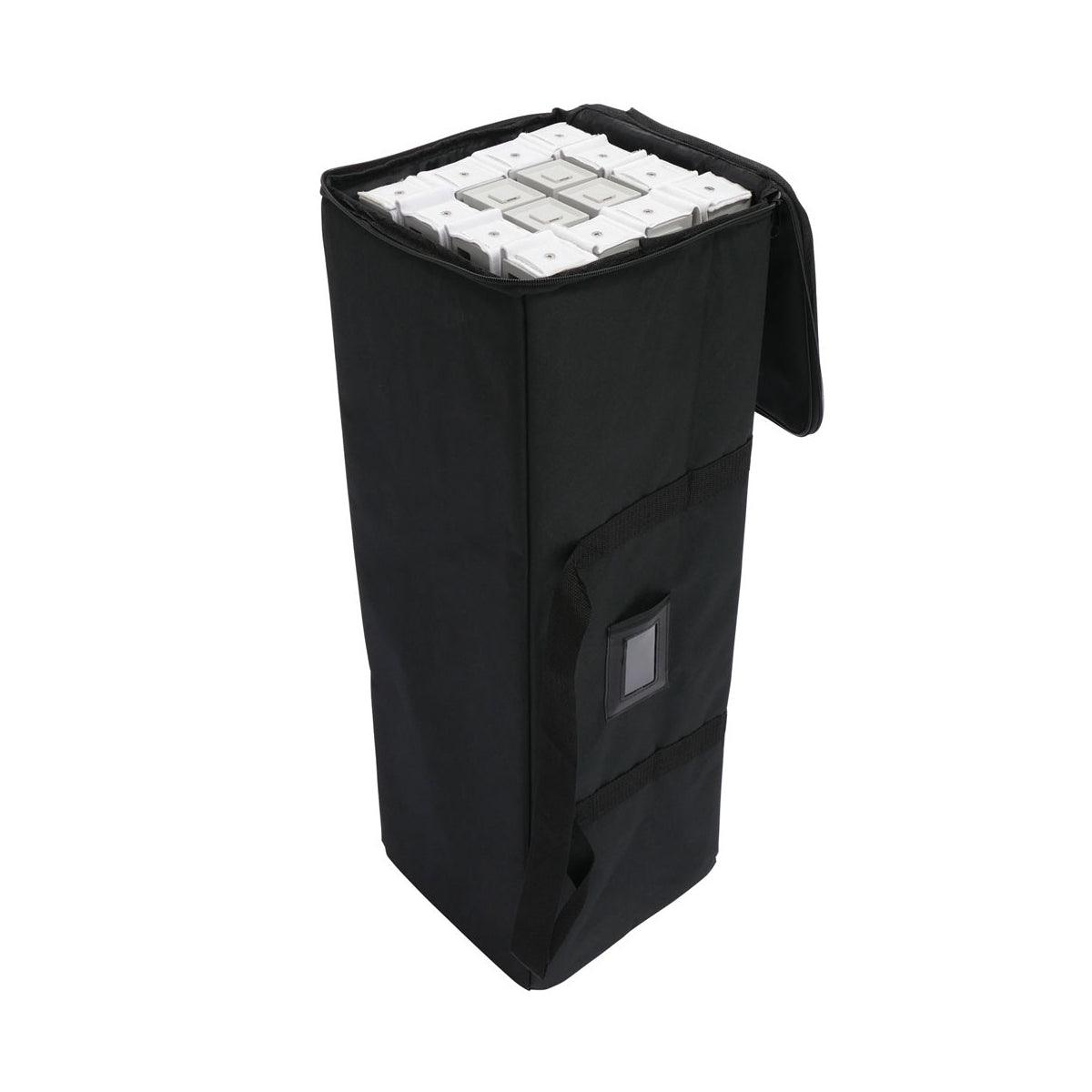 Compact carrying bag storing a disassembled trade show pop-up frame for easy transport to exhibitions and events