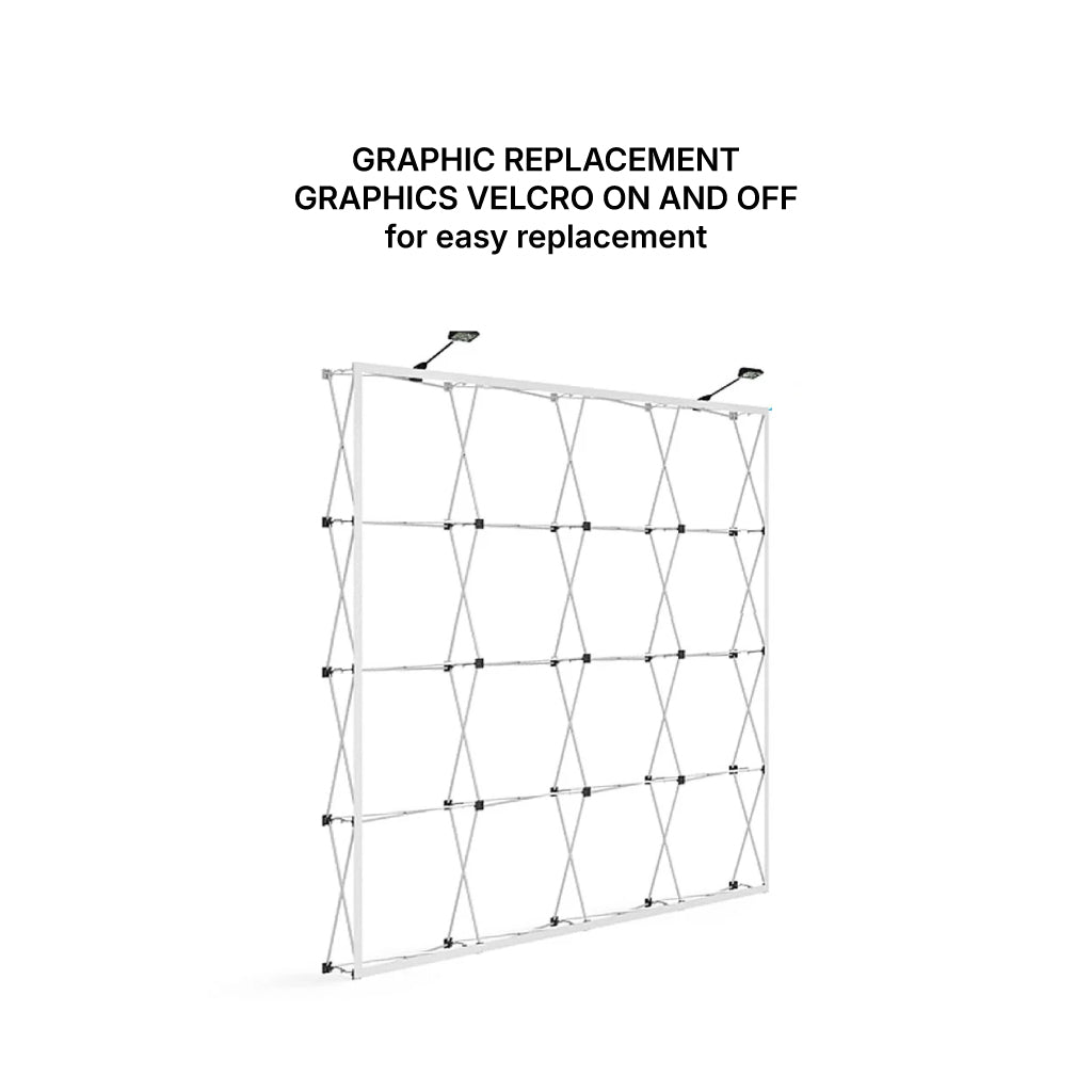 Collapsible trade show display frame with graphic replacement and adjustable lighting for exhibitions
