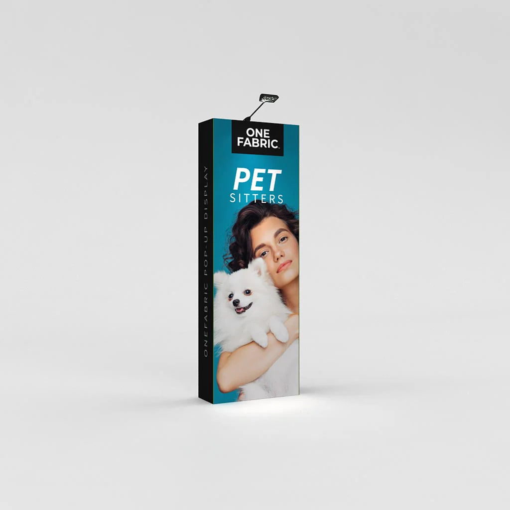 Tall fabric pop-up display with pet sitter advertisement for trade shows and special events