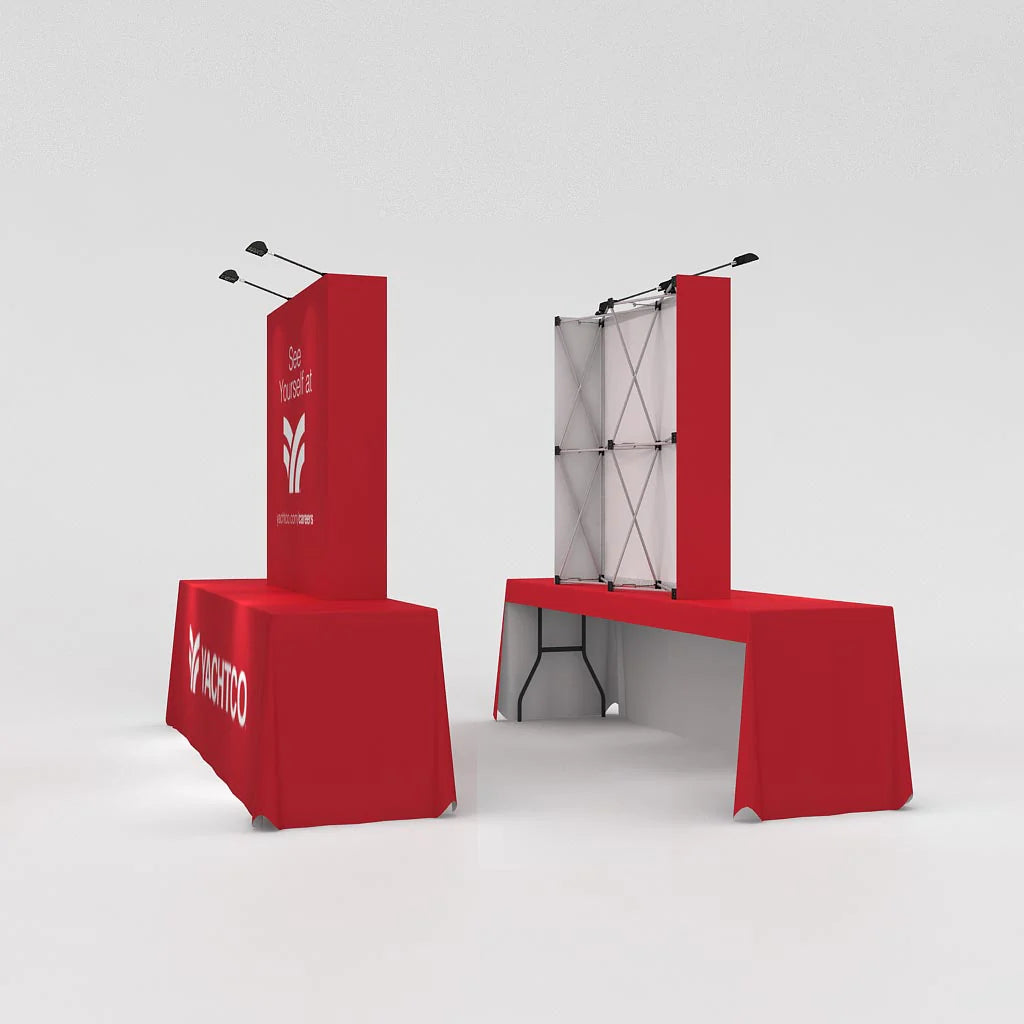 Portable fabric pop up display with table cover and overhead lights for trade shows and exhibitions