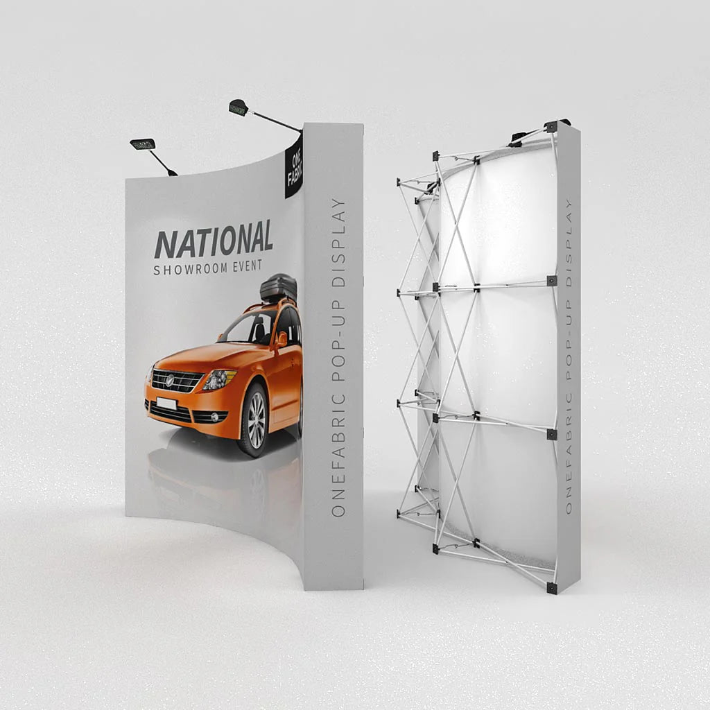 Curved fabric pop-up display showcasing a national showroom event for trade shows and exhibitions