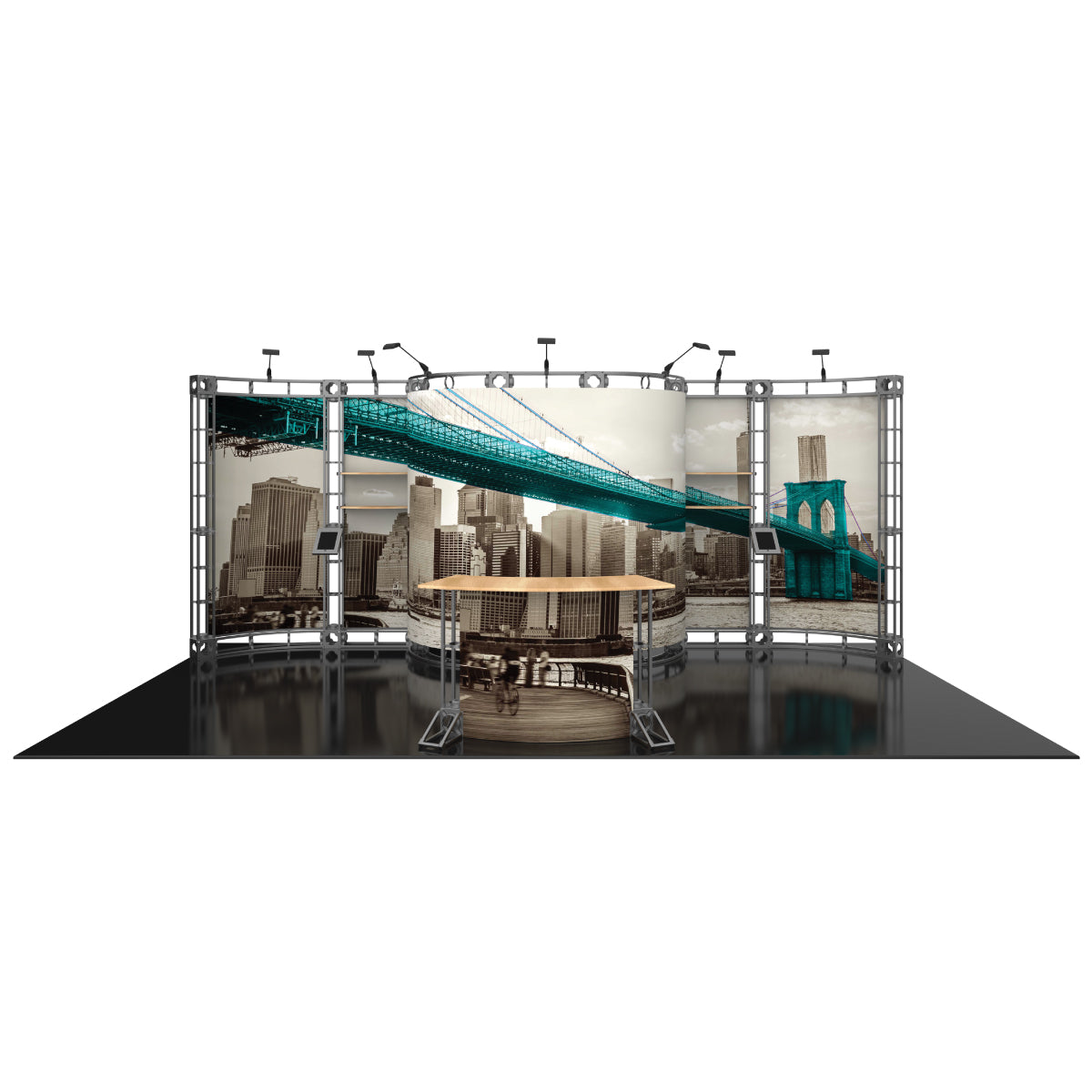 Trade show display with modular truss system, large urban cityscape graphics, and information counters
