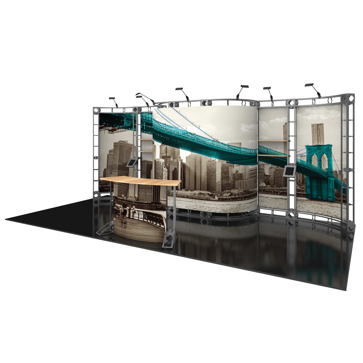 Modular trade show exhibition booth with curved truss system and cityscape graphic panels