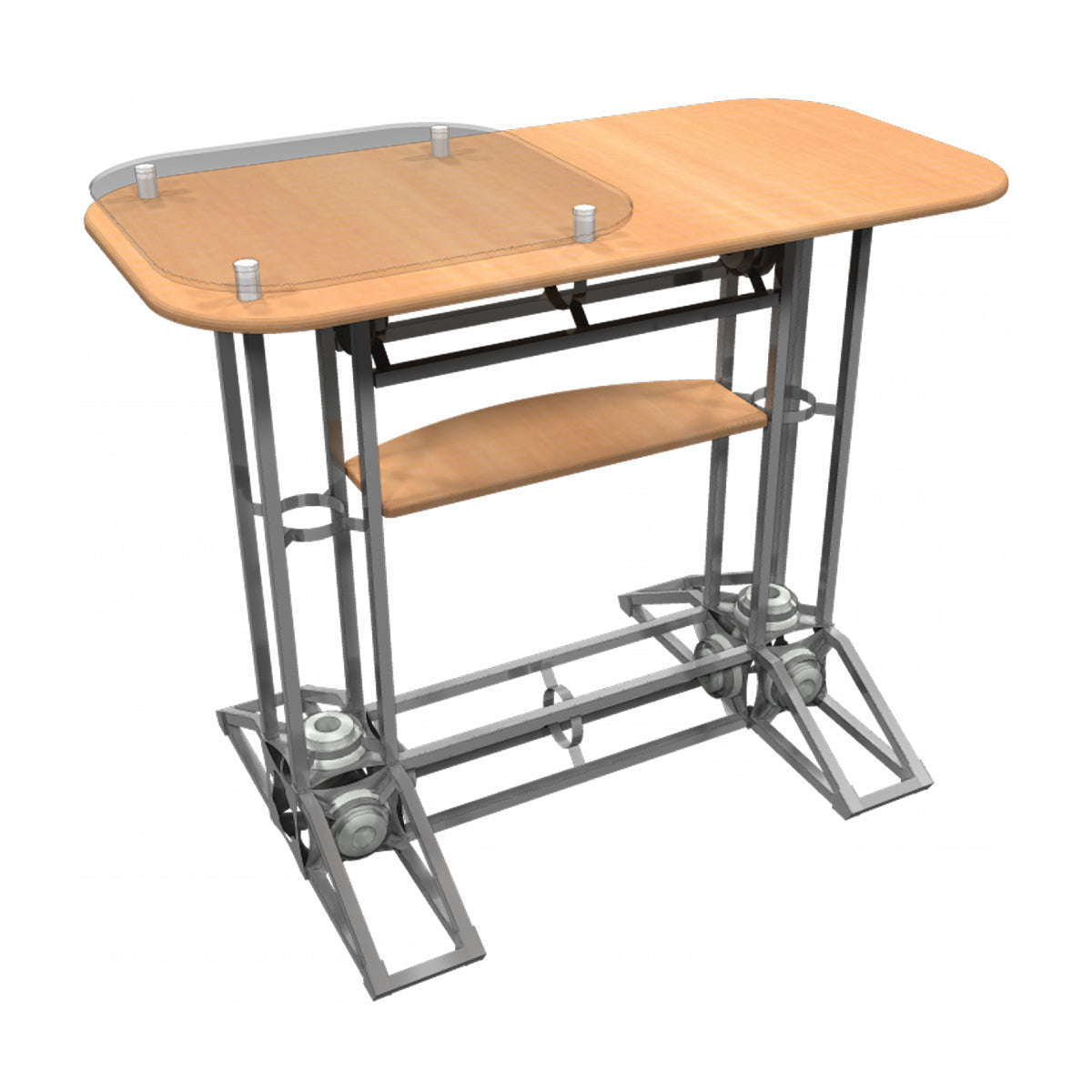 Portable trade show counter with metal frame, wooden shelves, and clear display top for exhibitions