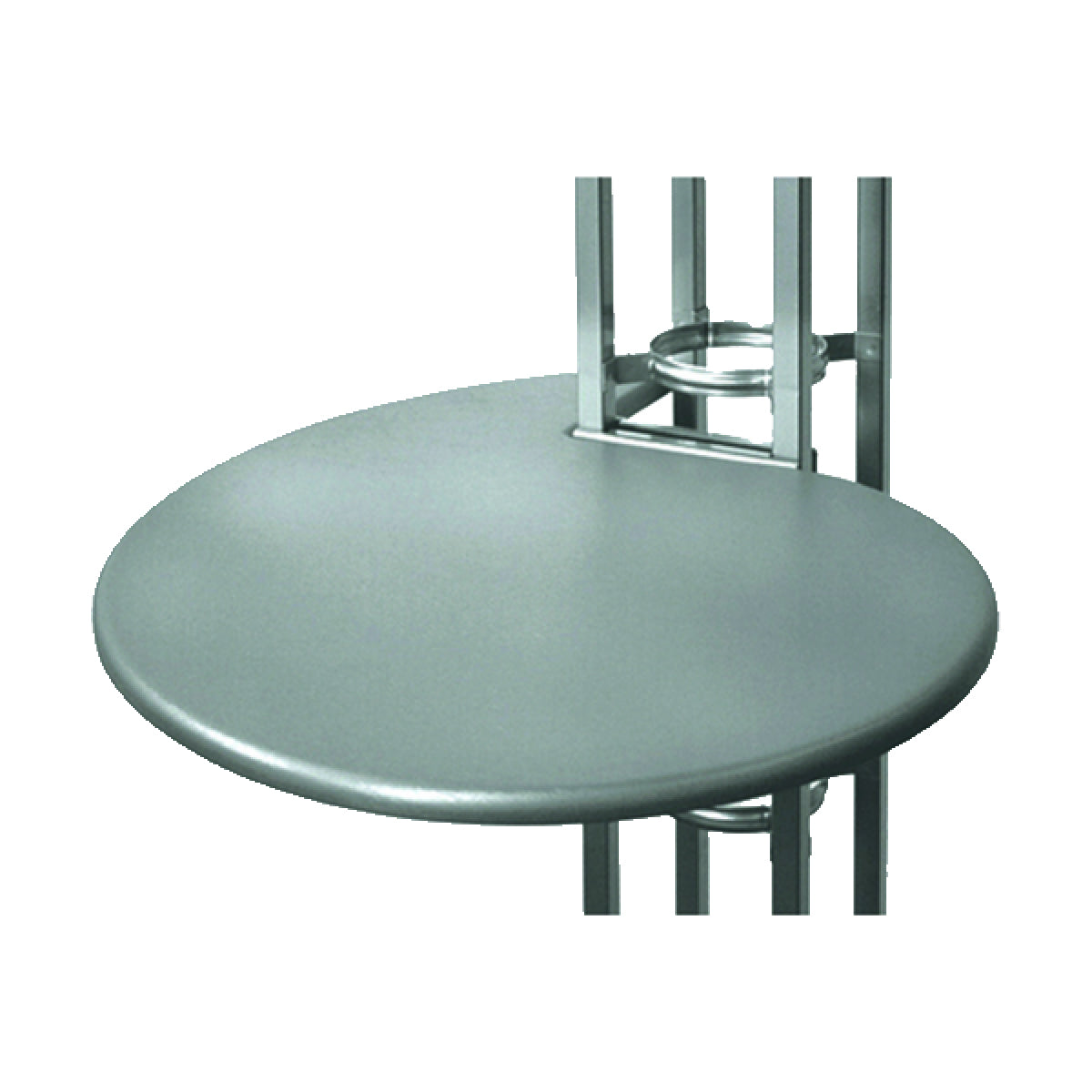 Round tabletop attached to metal framework for trade show and exhibition displays