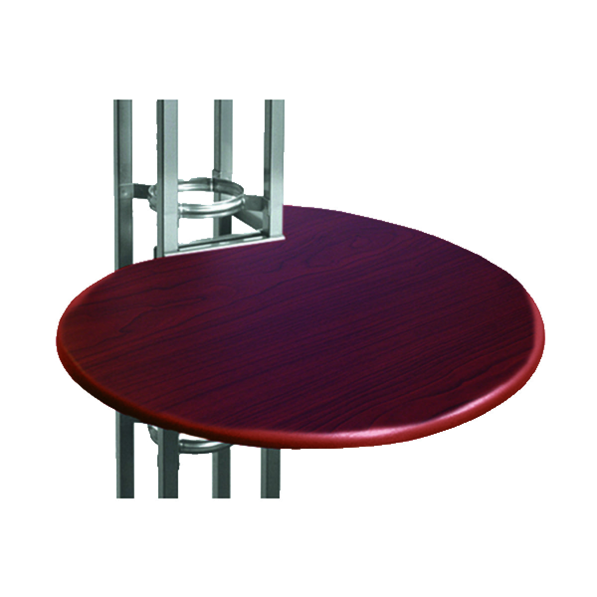 Round tabletop attached to metal truss for trade show and exhibition displays