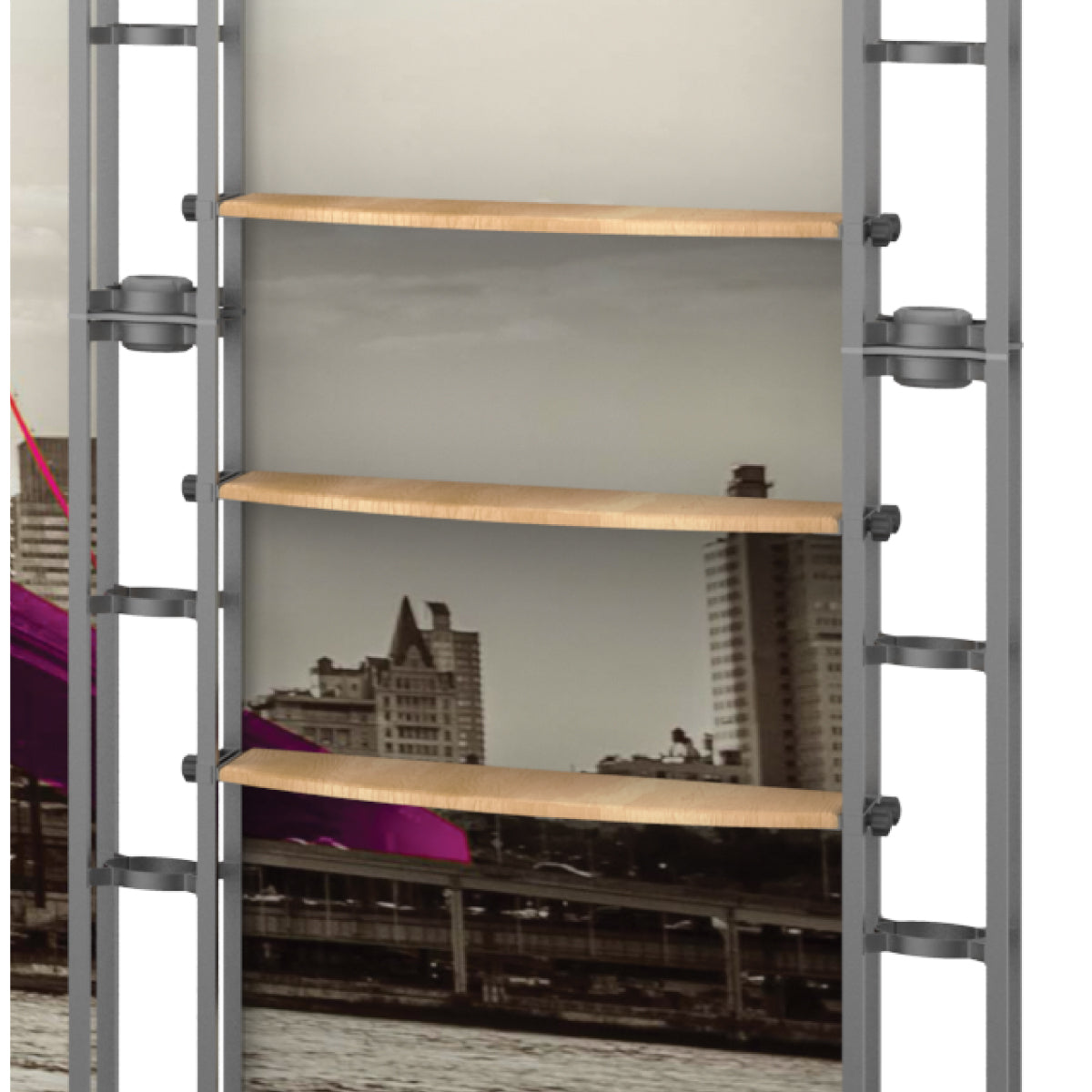 modular straight shelves display system ideal for trade shows and special events with cityscape backdrop