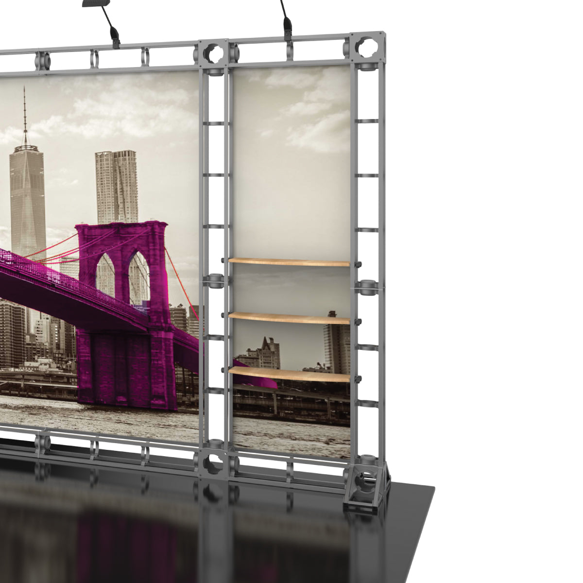 Trade show display frame with attached straight shelves and large printed backdrop of bridge and cityscape for exhibitions
