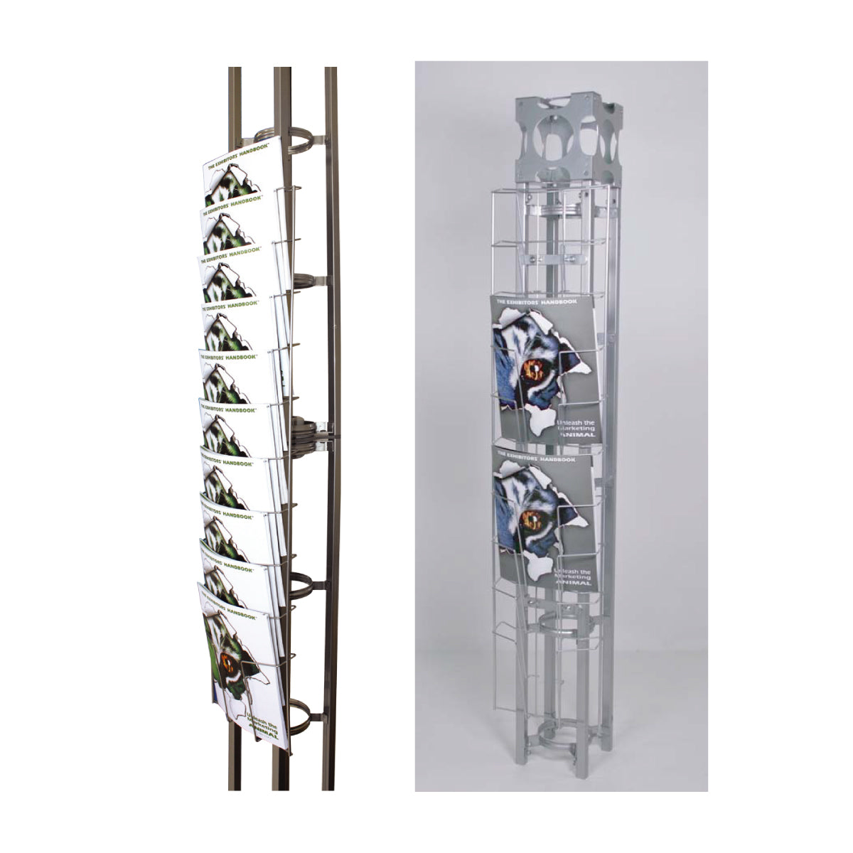 Slim literature rack with multiple tiers holding exhibitor handbooks for trade shows and exhibitions