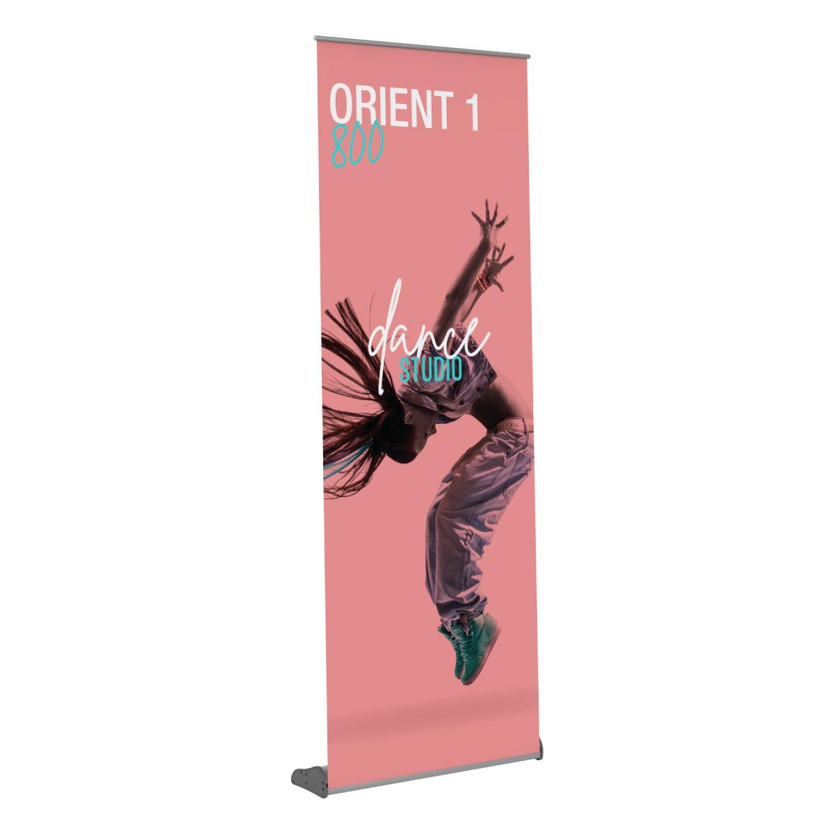 Retractable banner stand for trade shows featuring dynamic dance studio promotion with dancer image