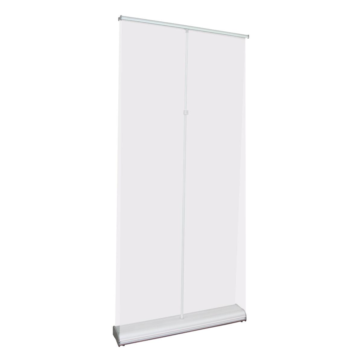 Double-sided retractable banner stand for trade shows and exhibitions with sturdy base and support pole