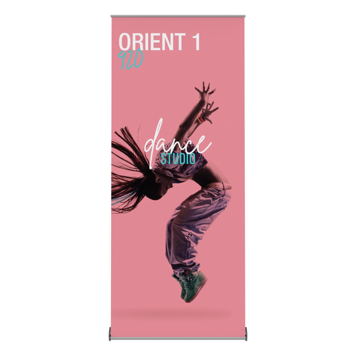 Retractable banner stand featuring a dynamic dance studio promotional design for trade shows and exhibitions