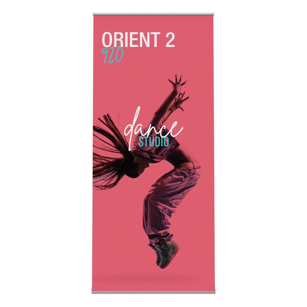 Double-sided banner stand featuring dynamic dance studio promotion for trade shows and exhibitions