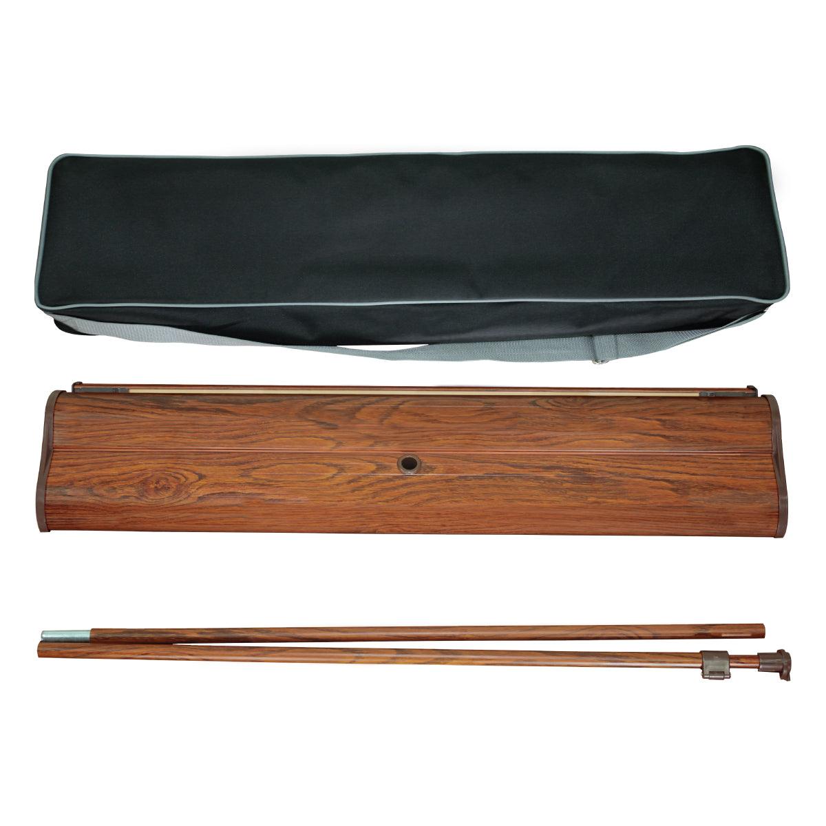 Portable banner stand with wooden base and connecting poles for trade shows and exhibitions with black carrying bag