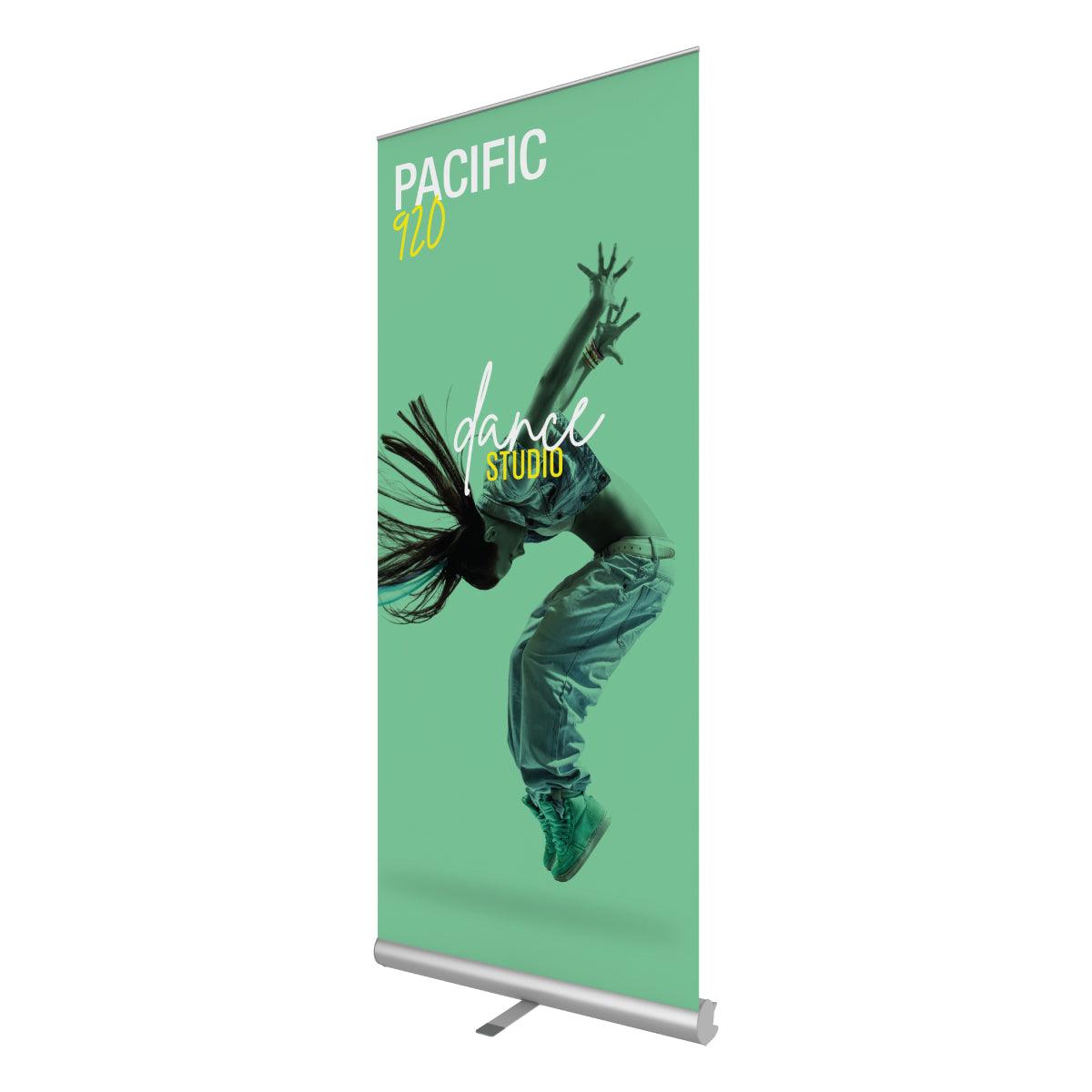 Pacific 920 retractable banner stand featuring dynamic dance studio advertising for trade shows and exhibitions