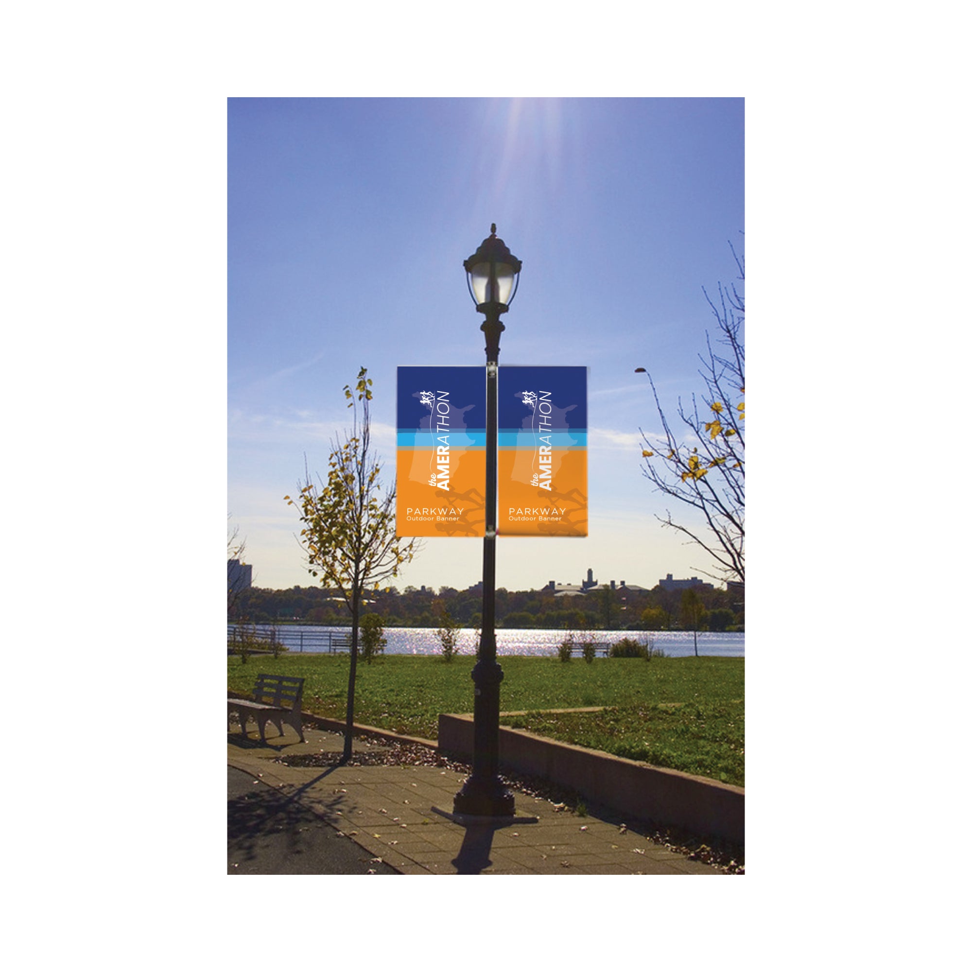 Double outdoor banners mounted on lamp post for events and trade show promotions