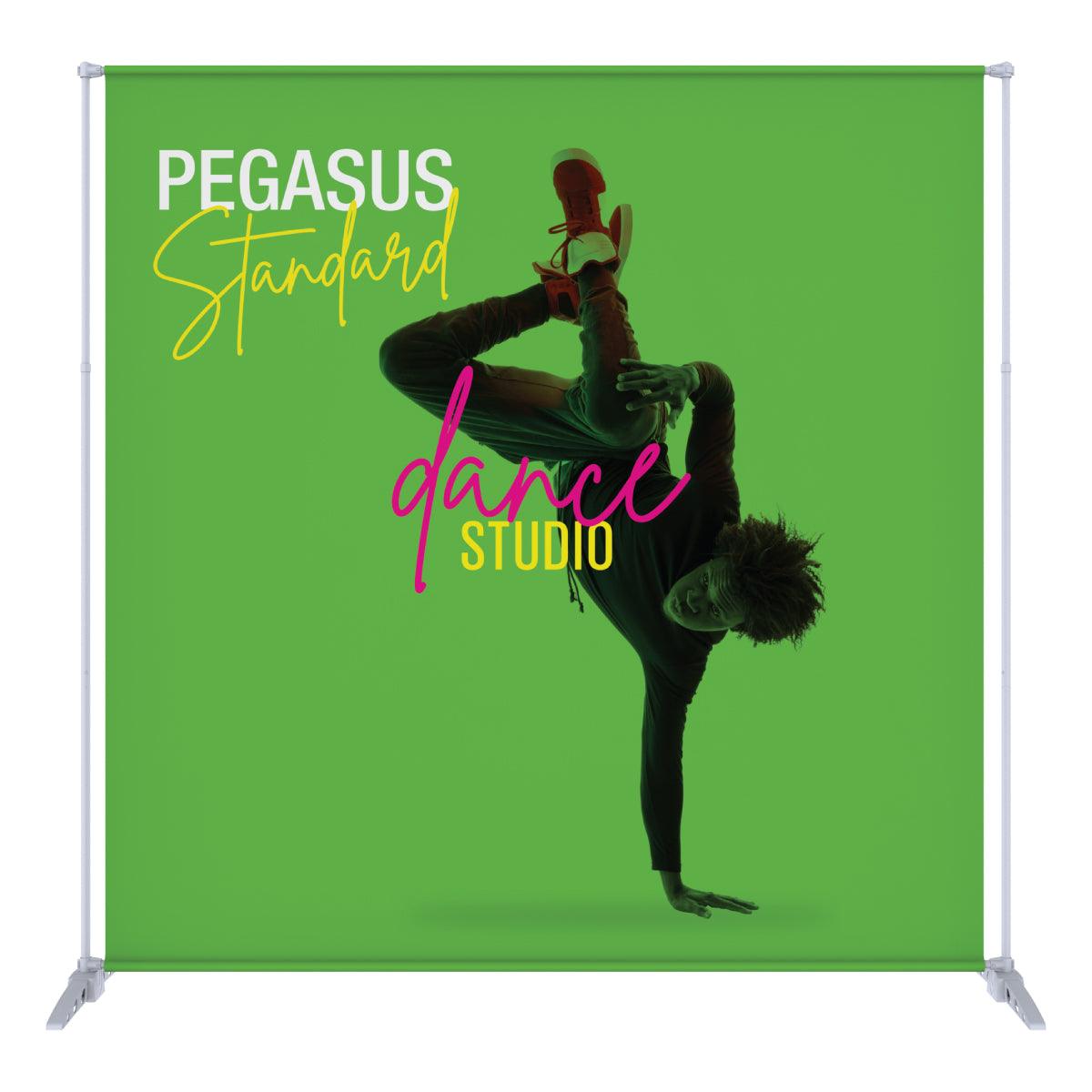 Pegasus Standard banner stand with dynamic dancer graphic for trade show and event display