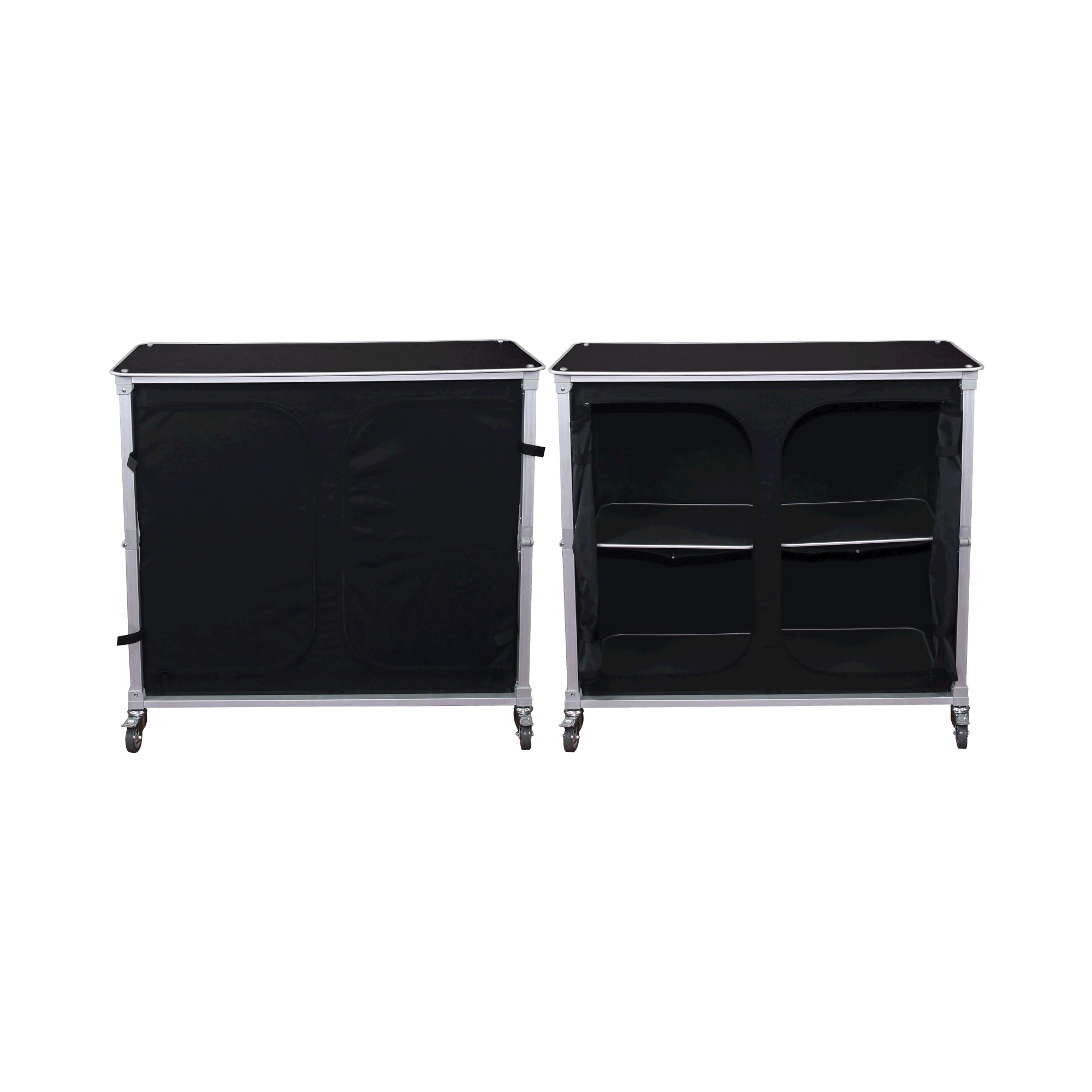 Portable trade show counters with storage shelves and wheeled design for exhibitions and events