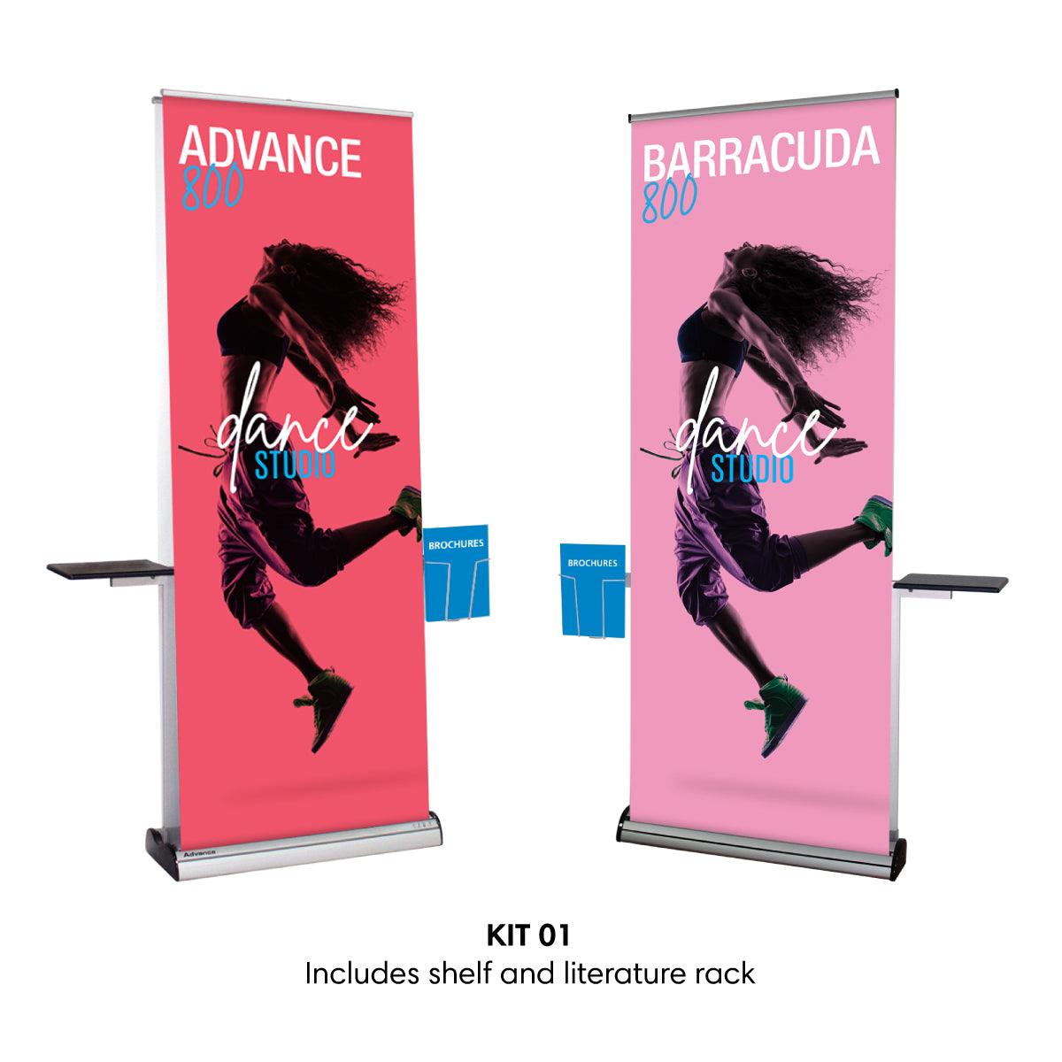 Two retractable banner stands with shelves and literature racks for trade shows and exhibitions featuring dynamic dance studio graphics