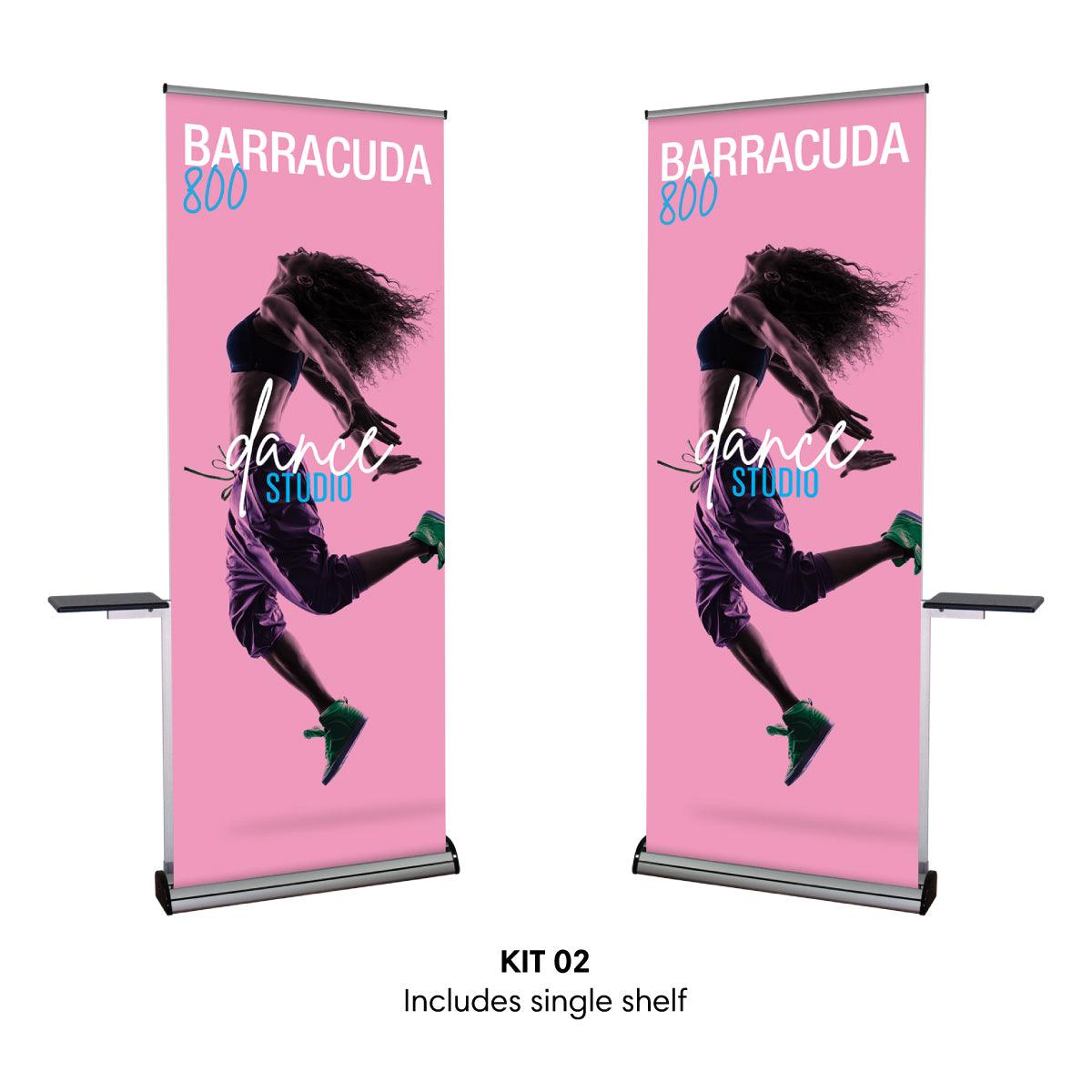 Retractable trade show banner stand with single shelf displaying dance studio advertisement for exhibitions and events