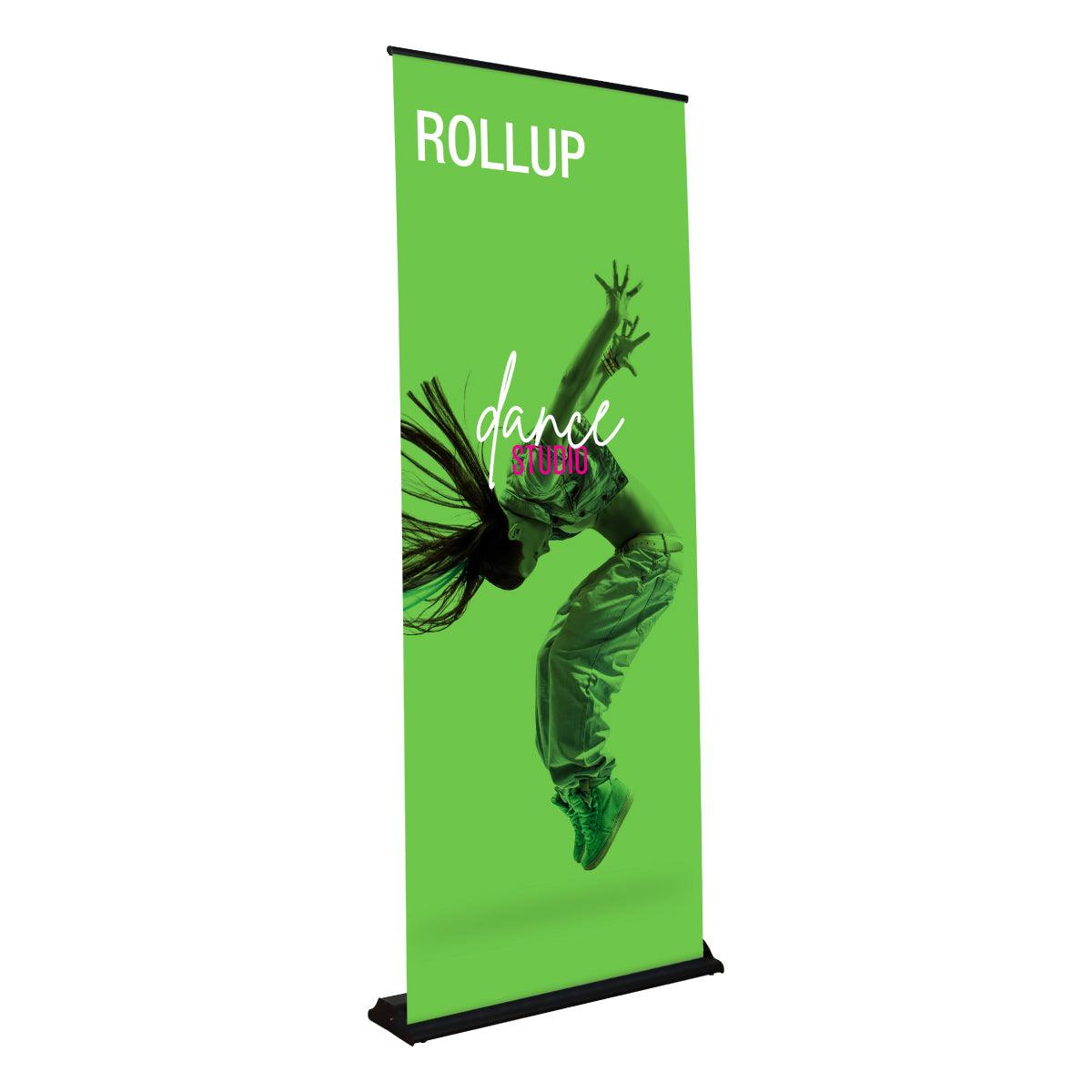 Rollup banner stand featuring dynamic dance studio advertisement for trade shows and exhibitions