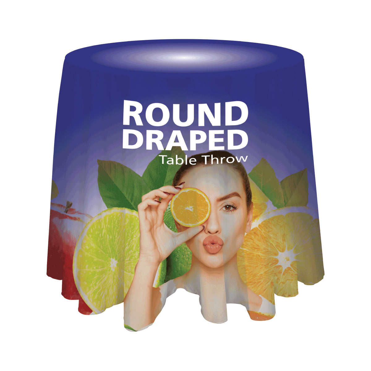 Round draped table throw with custom promotional graphic for trade shows and special events