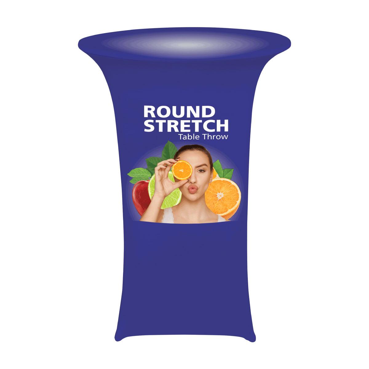 Round stretch table throw with custom fruit and woman graphic for trade shows and exhibitions