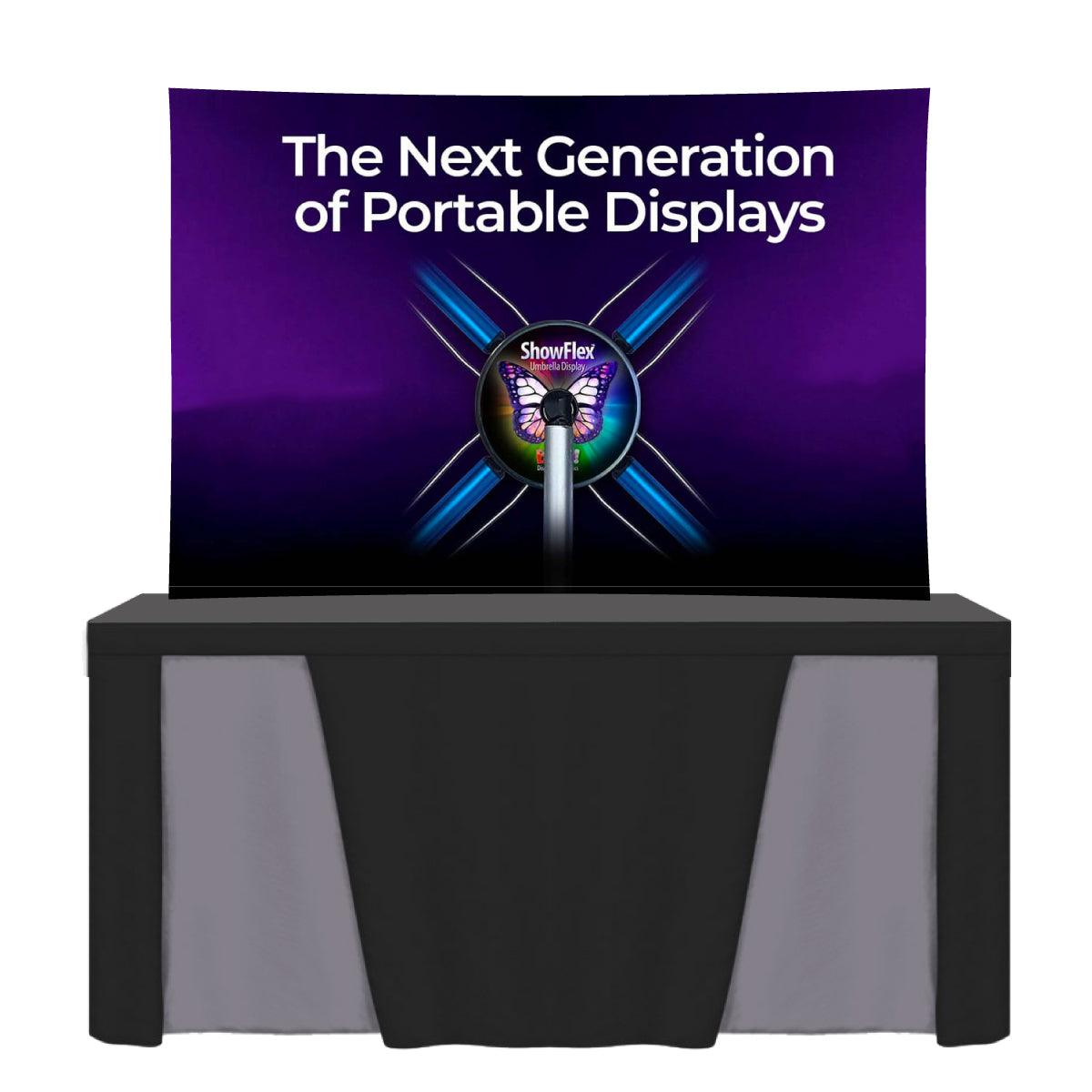 Portable tabletop trade show display with graphic panel and branded header for exhibitions and events