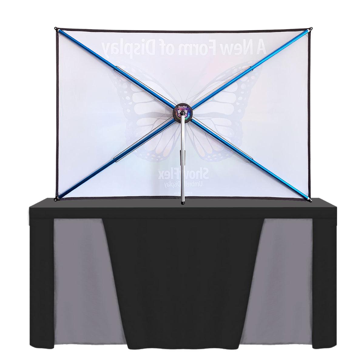 Tabletop trade show display with fabric graphic and collapsible frame for exhibitions and events
