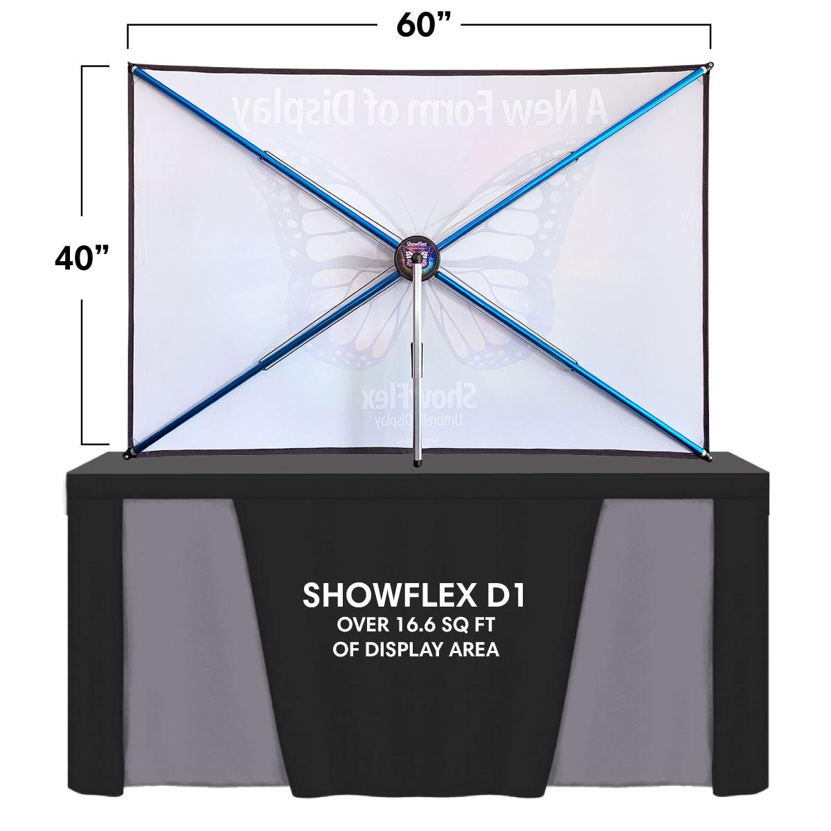 Showflex D1 tabletop display with over 16.6 sq ft visible display area for trade shows and events