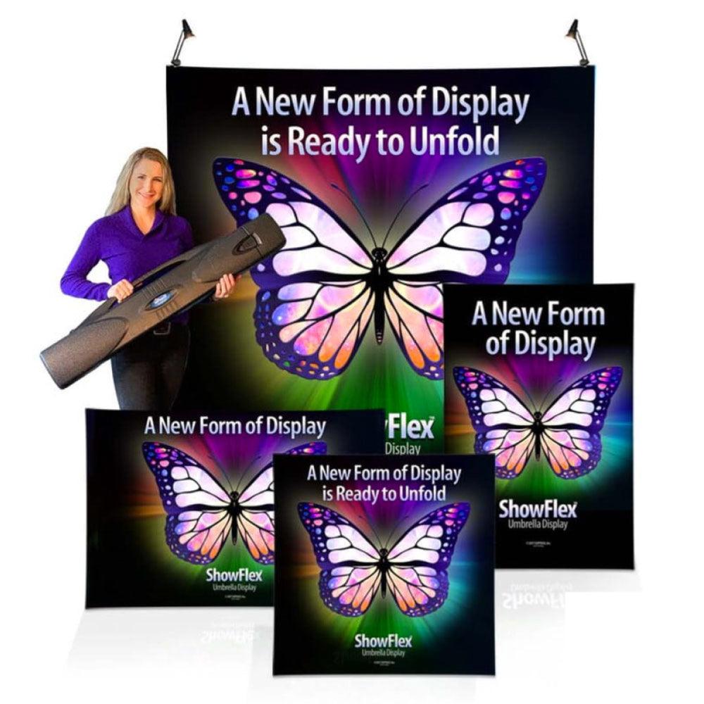 ShowFlex umbrella display system with butterfly graphic for trade shows, exhibitions, and special events