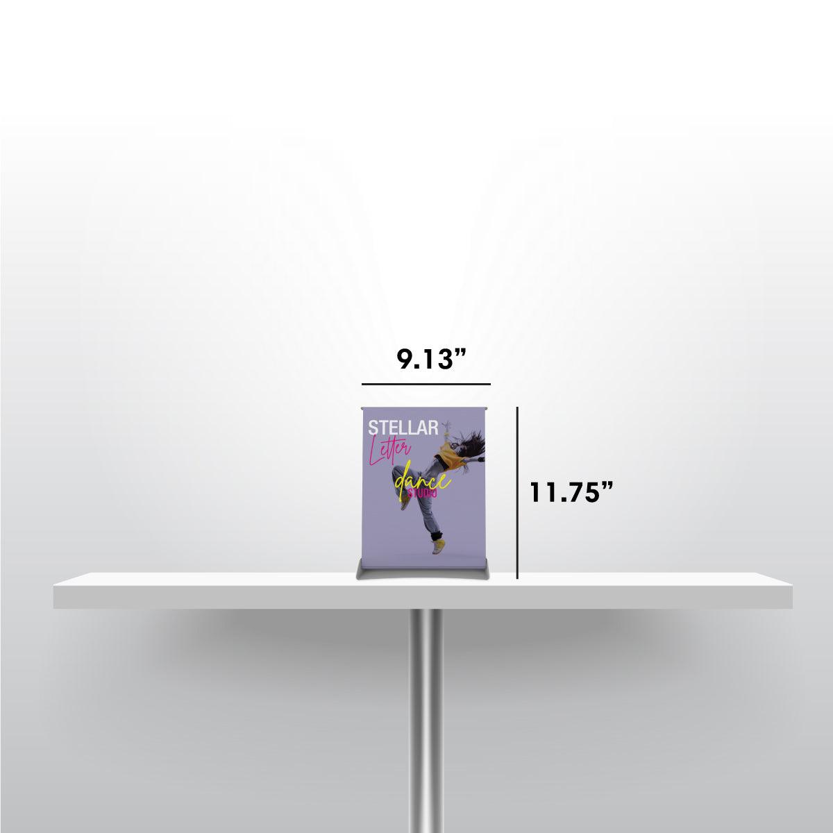 Compact tabletop banner stand with dance studio graphic for trade shows and special events