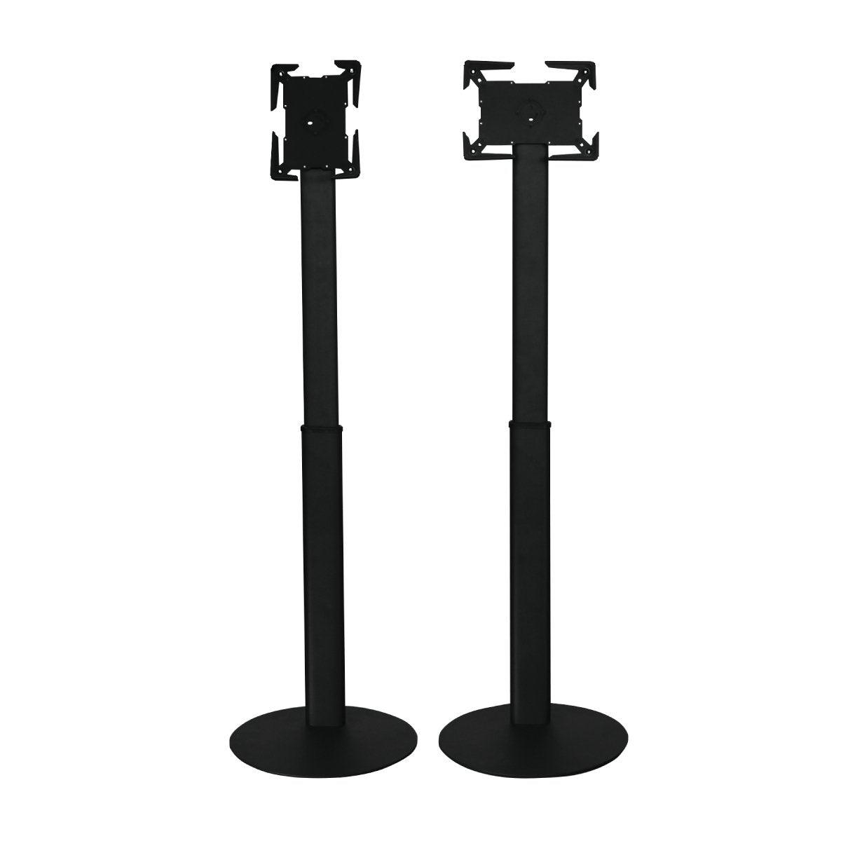 Adjustable tablet holder stands with secure grips for trade shows and exhibition displays