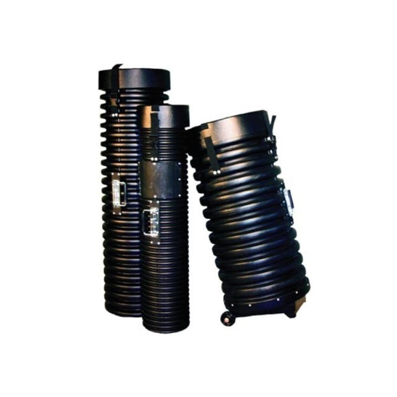 Three durable tube shipping cases with handles and wheels for trade shows and exhibitions